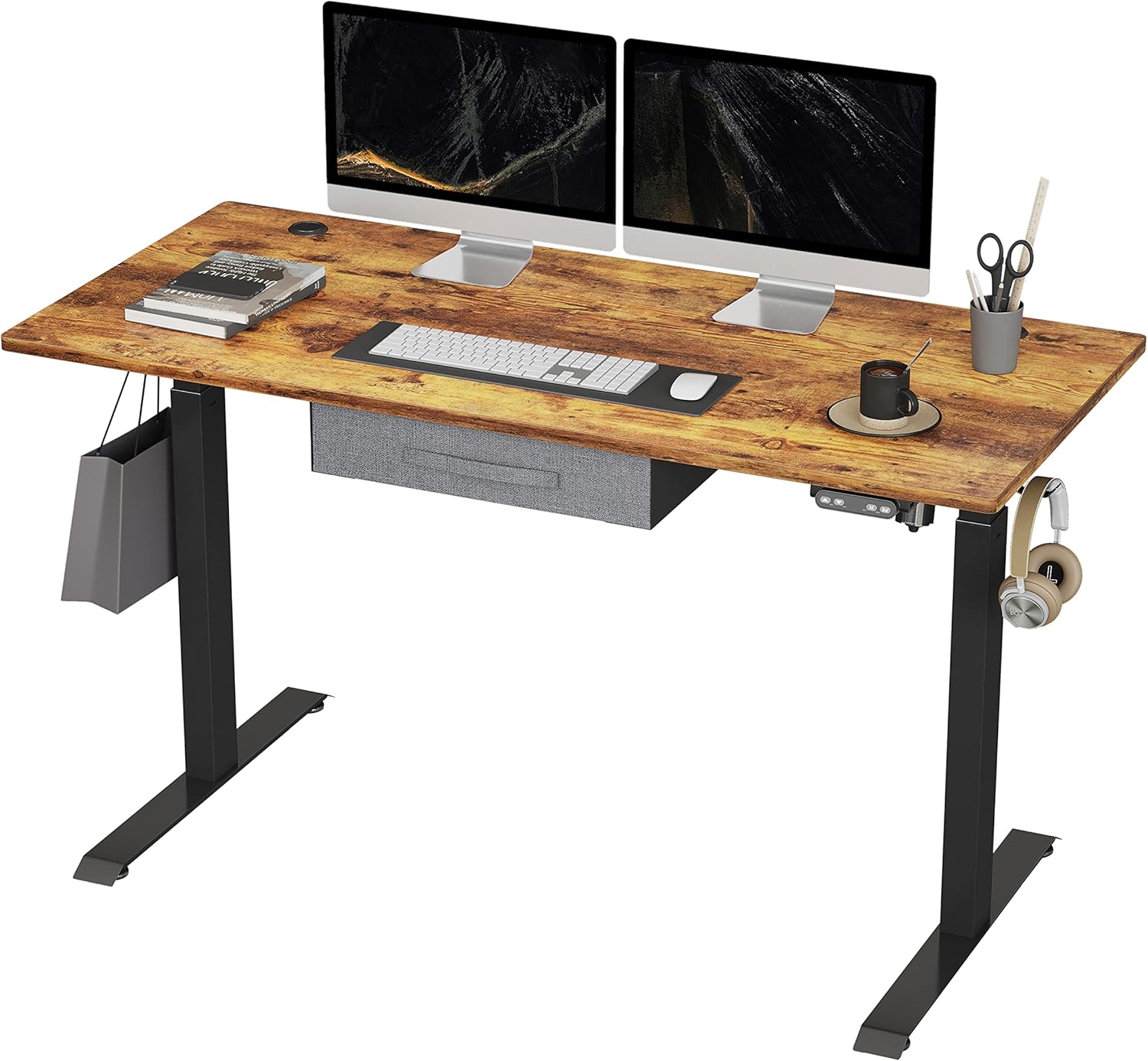 BANTI Adjustable Height Standing Desk with Drawers, 48x24 Inches Electric Stand Up Desk, Sit Stand Home Office Desk with Black Frame/Black Top