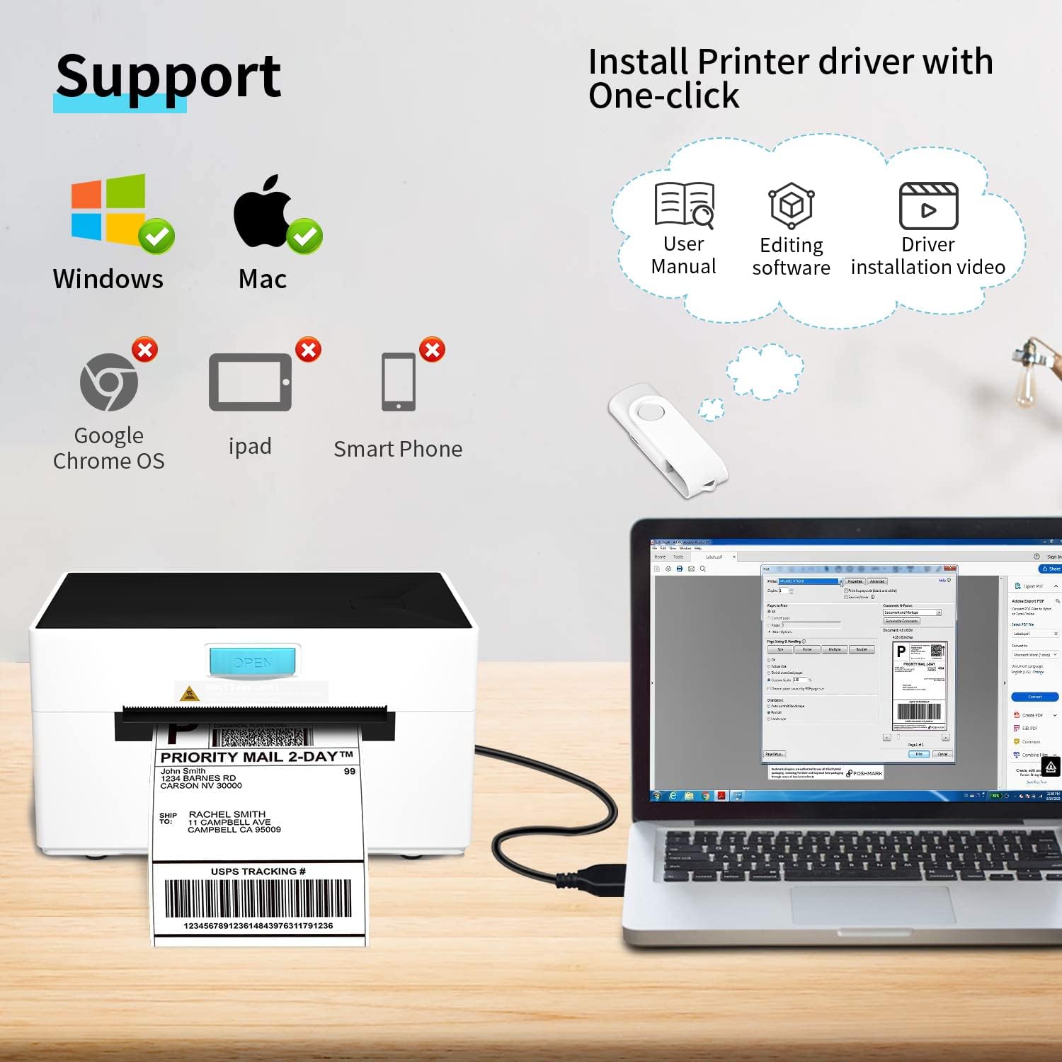 GearKing Thermal Label Printer,USB High Speed Shipping Label Printer for Shipping Packages,4x6 Desktop Label Printer for Small Business, Compatible with Amazon, Ebay, Etsy, Shopify, FedEx, etc