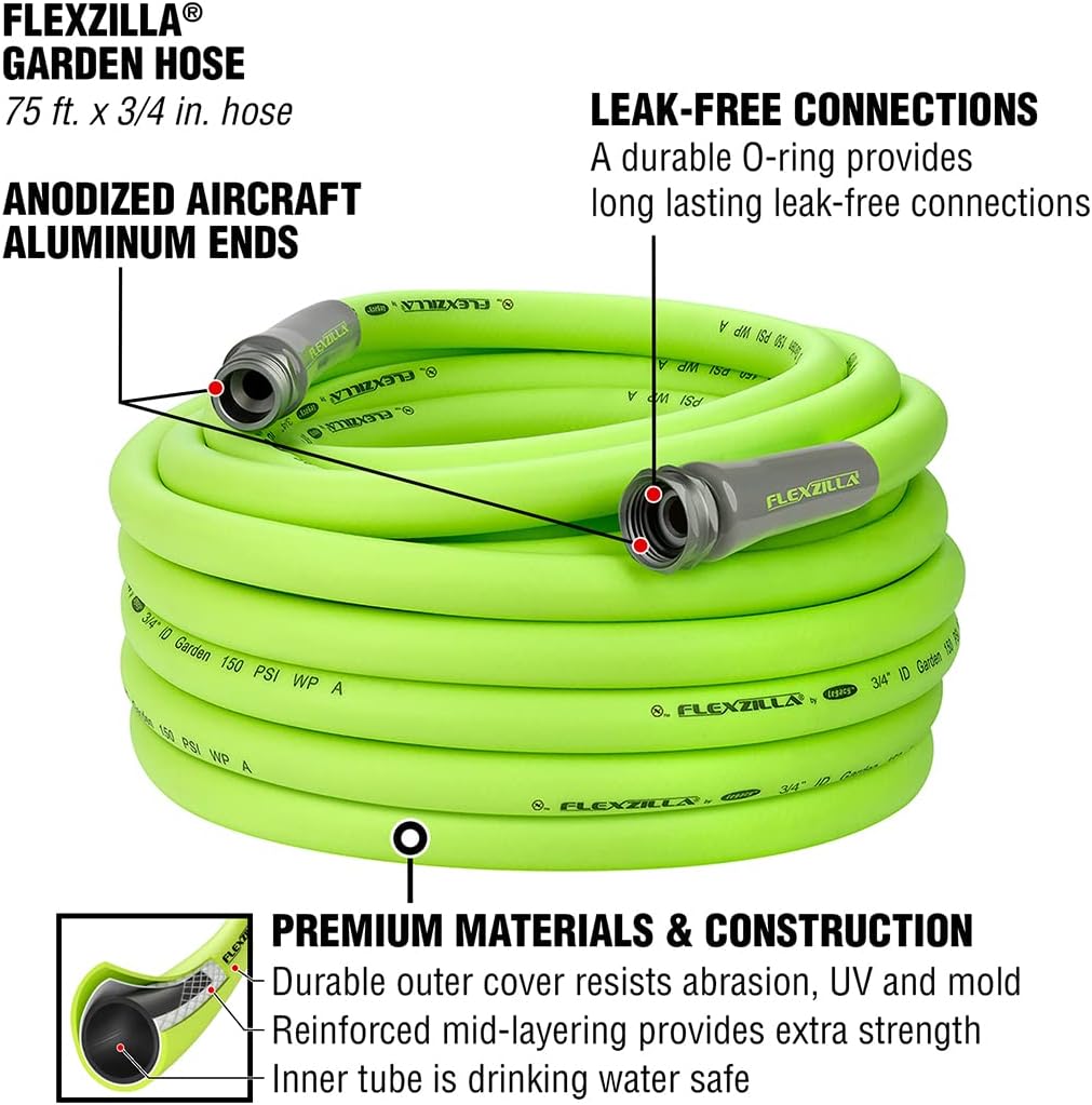 Flexzilla Garden Hose, 3/4 in. x 75 ft., Heavy Duty, Lightweight, Drinking Water Safe - HFZG675YW Pack of 2