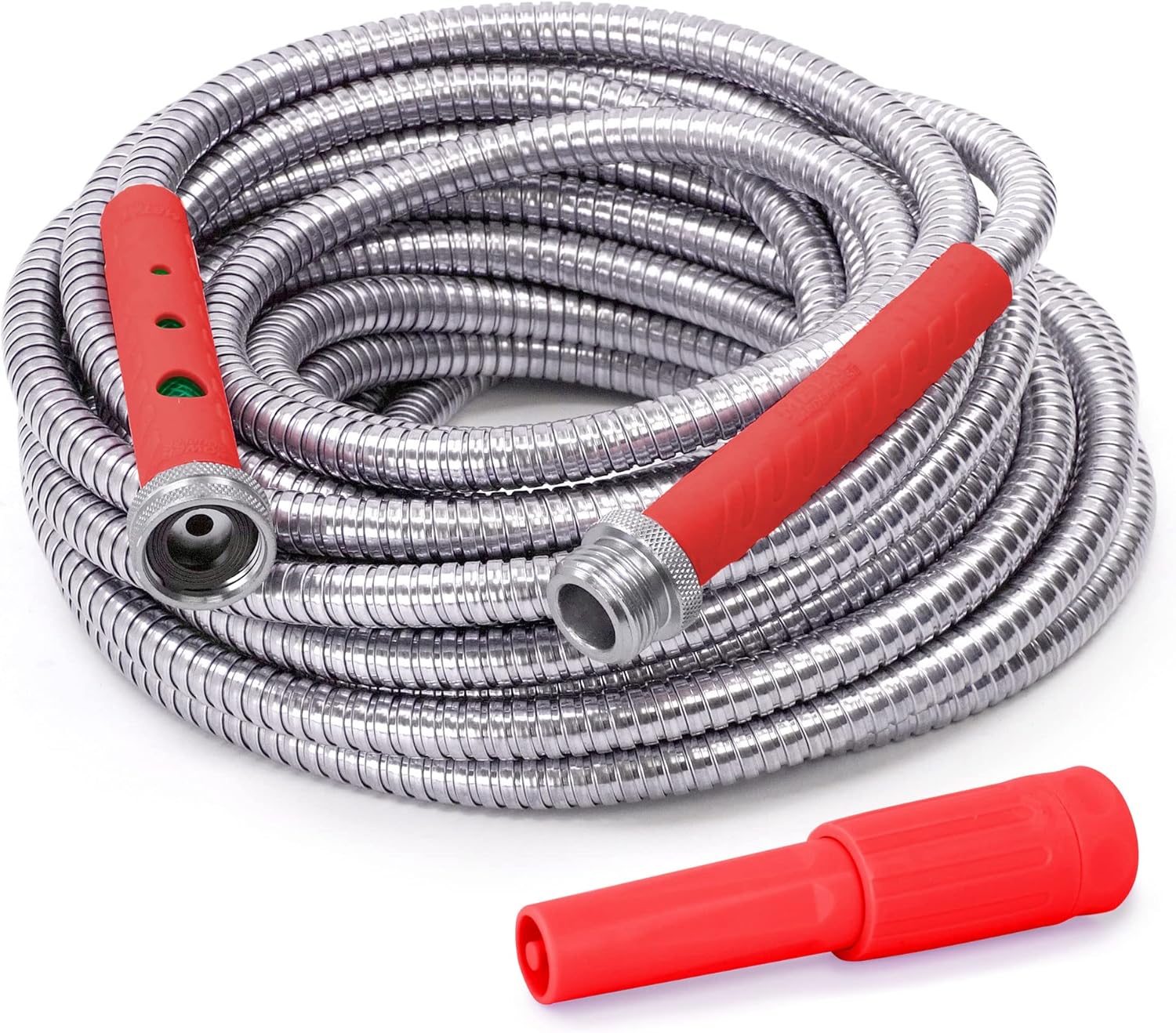 Bernini 75' Metal Garden Hose Lite Super Flexible Garden Hose, Lightweight No Kink Puncture Resistant 304 Stainless Steel Hose With Adjustable Fireman Spray Nozzle & Patented Power Couplers - Red Pack of 2