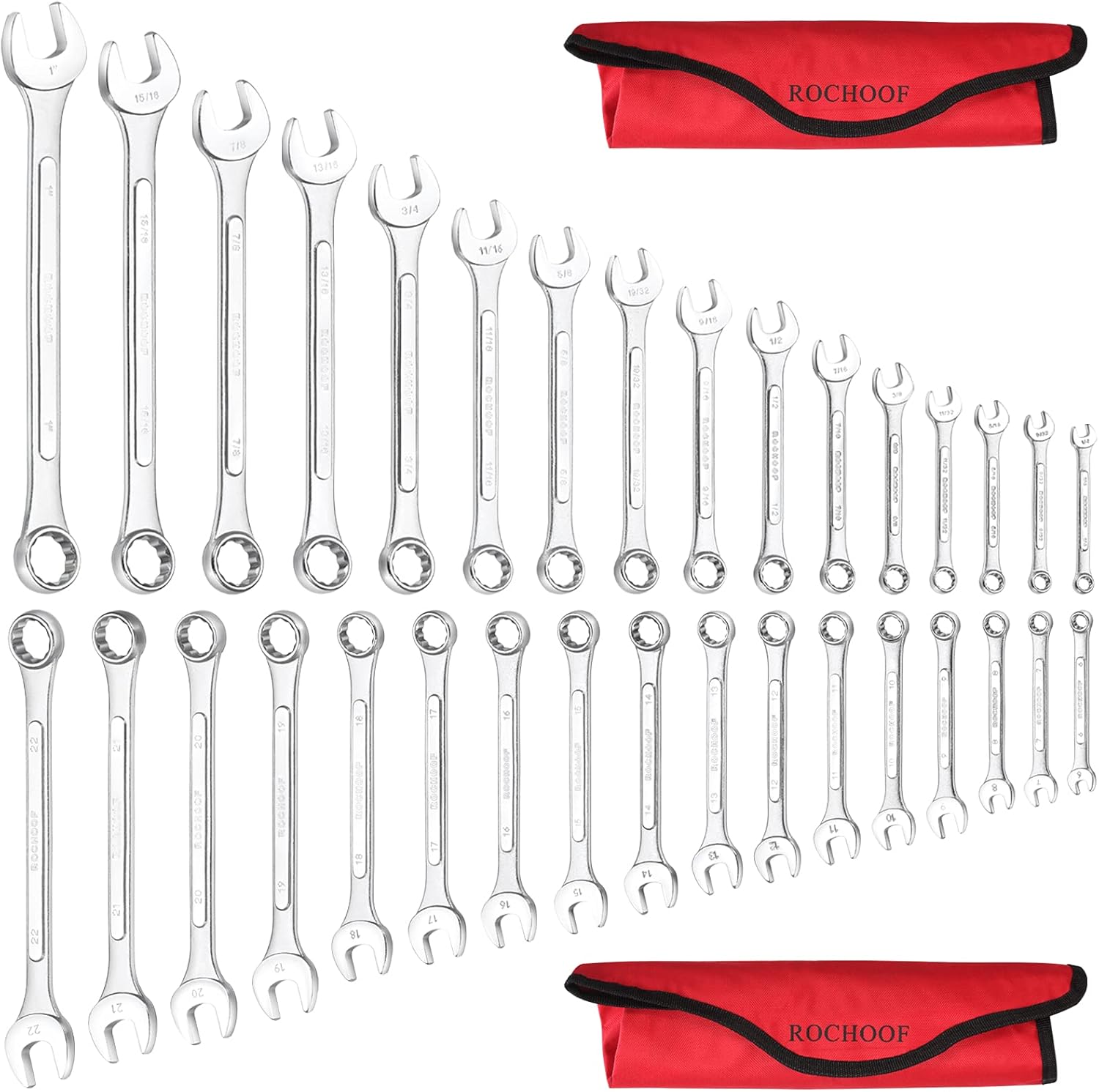 ROCHOOF Combination Wrench Set,5-Piece Metric Wrench Set 12-Point Chrome Vanadium Steel Wrenches 22-32mm with Rolling Pouch Pack of 2