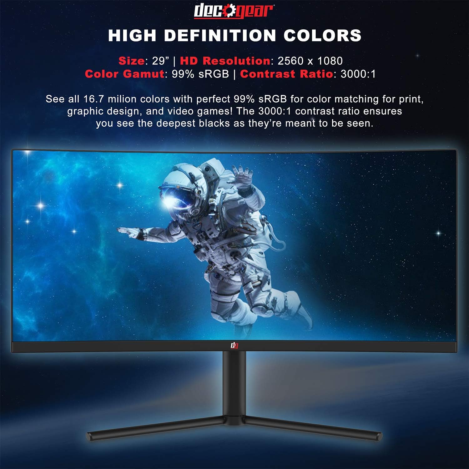 Deco Gear DGVM29PB 29-Inch 2560x1080 100Hz VA Curved Gaming Monitor, 4ms Response Time, 3000:1 Contrast Ratio, sRGB, NTSC 85, DCI-P3, and Adobe RGB Color Accurate
