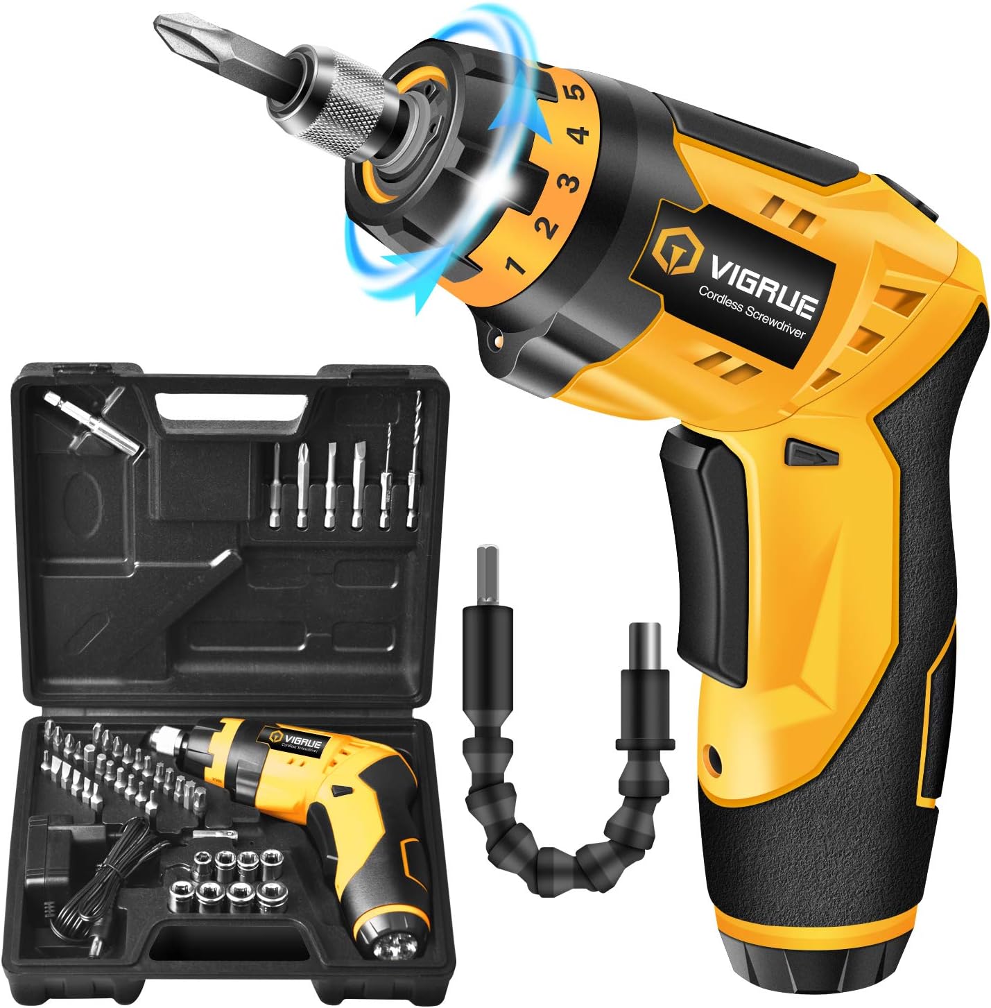 VIGRUE Cordless Screwdriver, Rechargeable Electric Screwdriver, 4V MAX 2000mAh, with 45 Free Accessories, Battery Indicator, 7 Torque Setting, 2 Position Handle with LED Light, Flexible Shaft Pack of 2