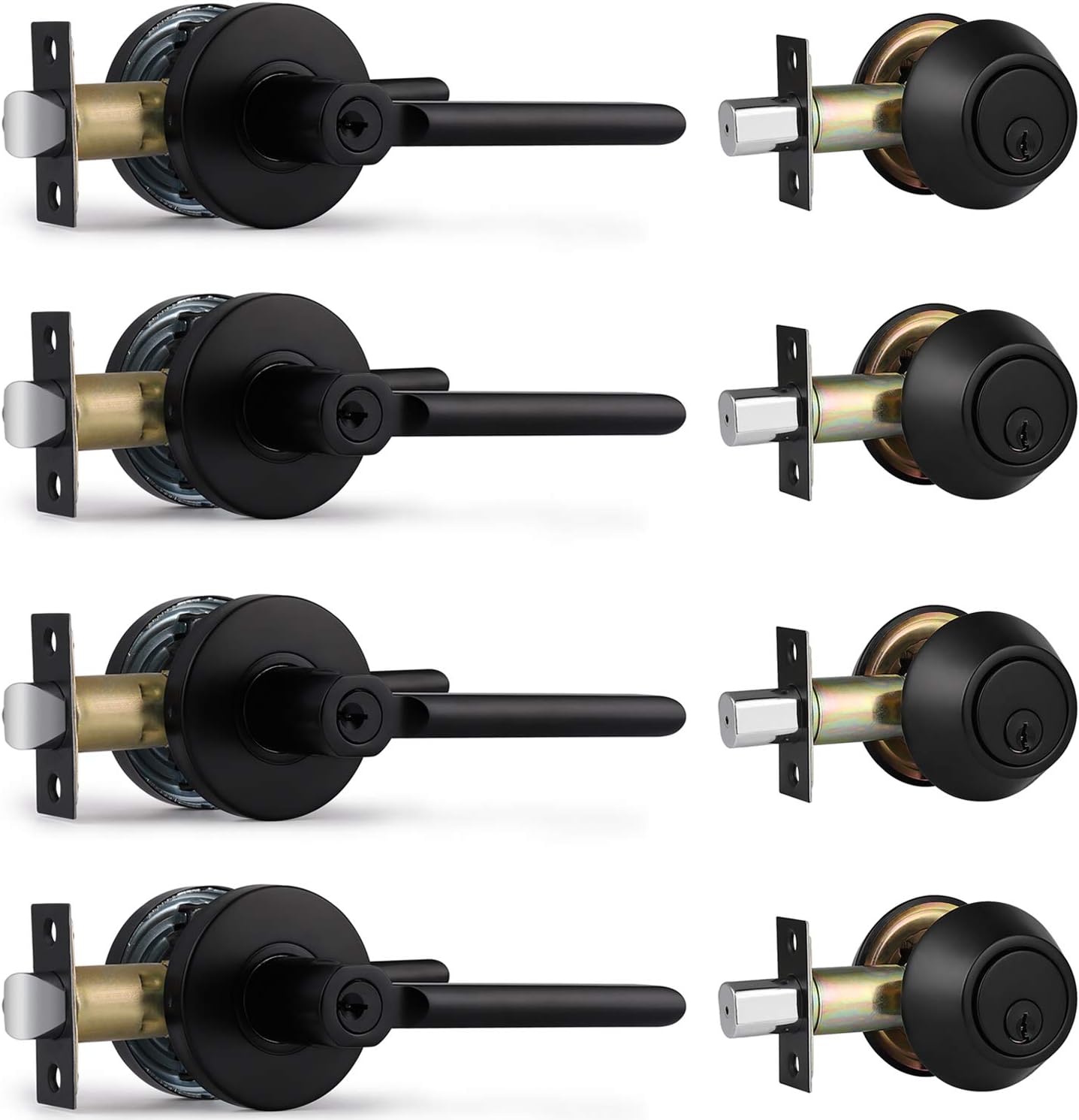 4 Pack Entry Door Lever and Single Cylinder Deadbolt Combination Set, Keyed Alike, Matte Black Entry Entrance Keyed Round Door Knobs Lockset with Deadbolt for Exterior/Front Door