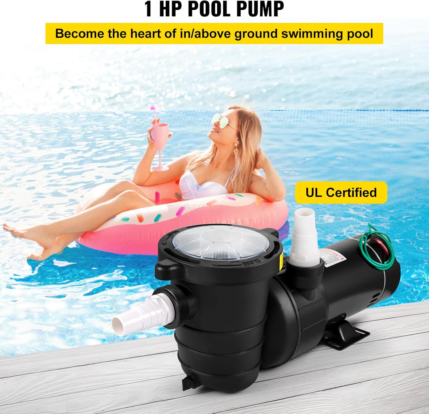 VEVOR Swimming Pool Pump, 1HP 110V 5220GPH Powerful Self-priming Up to 36ft Head Lift, for In/Above Ground Pool Water Circulation, w/ Strainer Basket and 2pcs 1-1/2'' NPT Connectors, UL Certified