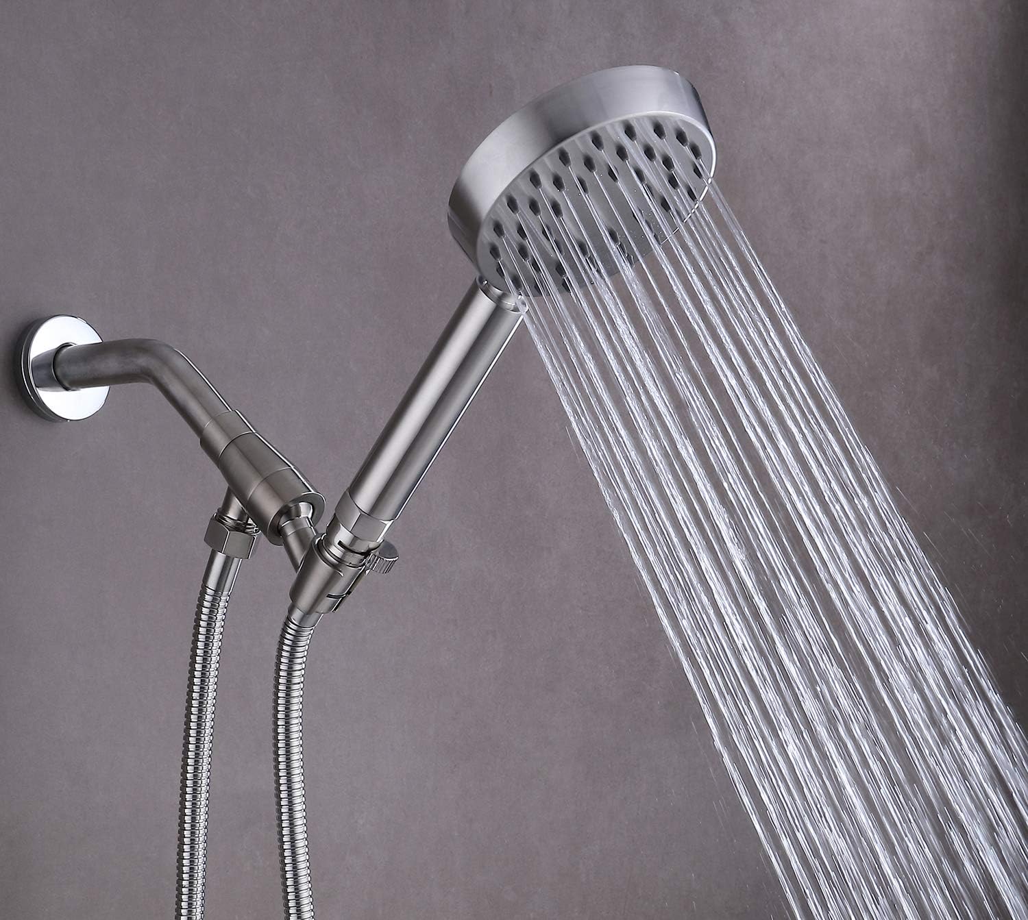 Solid Metal Brushed Nickel Handheld Shower Head With Extra Long Stainless Steel Hose & Brass Holder ,Equipped with Flow Valve to Control Water Pressure, Hotel Quality Pack of 2