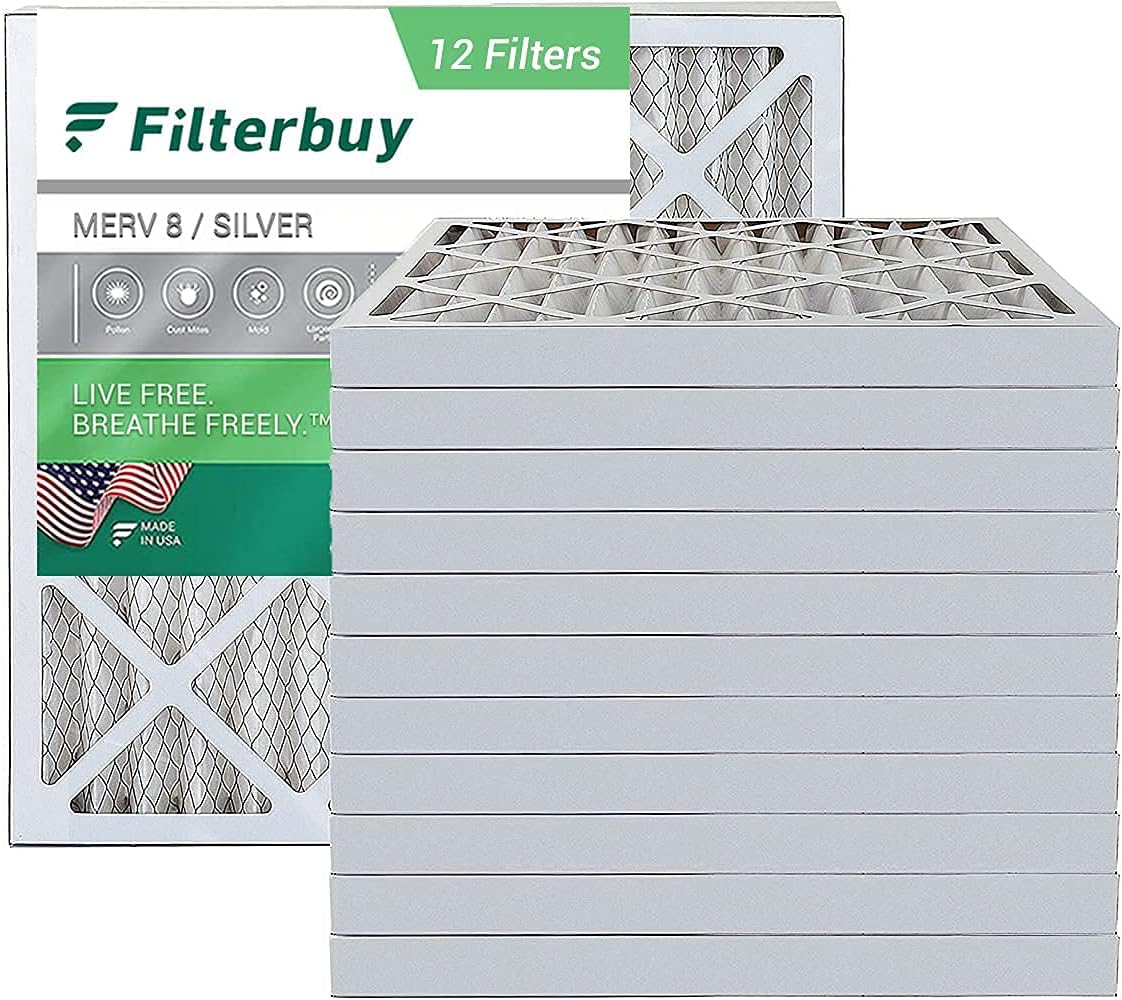 Filterbuy 20x20x2 Air Filter MERV 8, Pleated HVAC AC Furnace Filters (12-Pack, Silver)