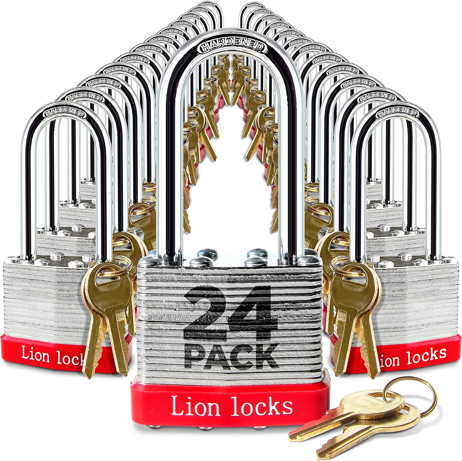 Lion Locks 24 Keyed-Alike Padlocks w/ 2” Long Shackle, 48 Keys, Hardened Steel Case, Pick Resistant Brass Pin Cylinder (24-Pack) for Hasp Latch, Shed, Fence, Gate Chain, Cable, Locker Lock, Gym Door Pack of 2