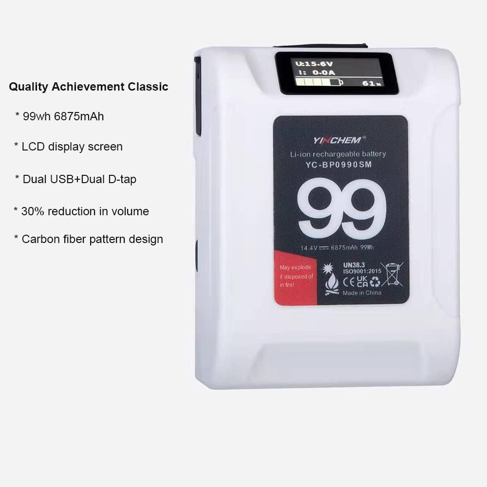 YINCHEM 99Wh Mini V Mount Compact Camcorder Battery with D-tap Cable and Charger,14.4V Rechargeable V Lock Battery with LCD Screen,Dual USB and Dual D-tap Ports for Cinema Camera/DSLR/Smartphone