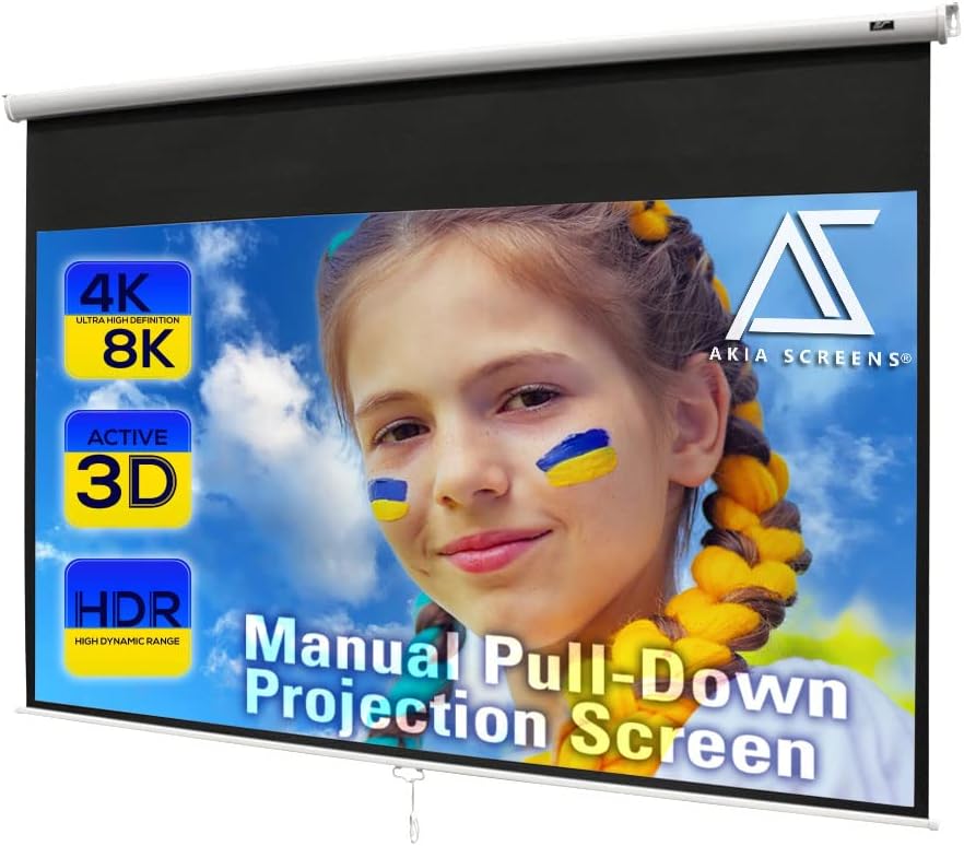 Akia Screens 110 inch Pull Down Projector Screen Manual B 16:9 8K 4K HD 3D Ceiling Wall Mount White Portable Projection Screen Retractable Auto Locking for Indoor Movie Home Theater Office AK-M110H1