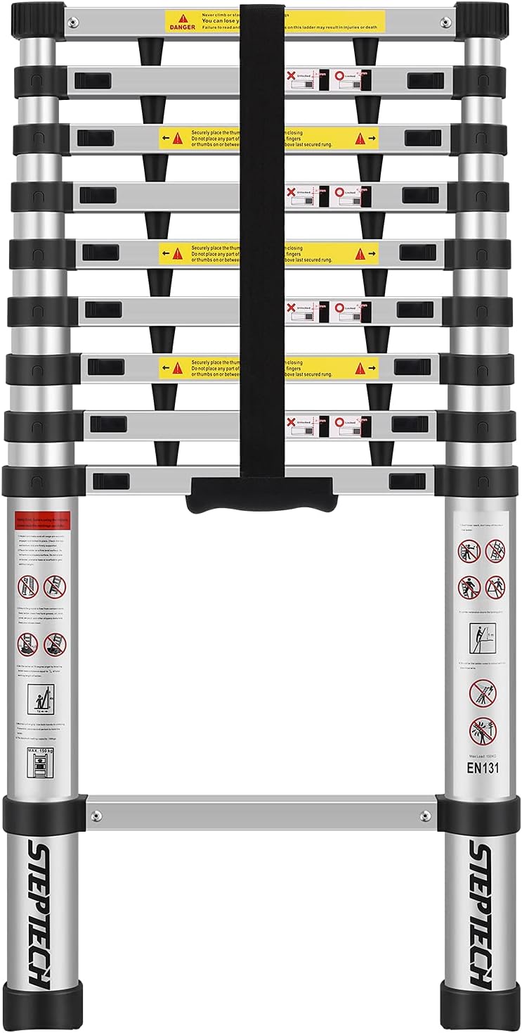 STEPTECH Telescoping Ladder 9.5 ft Aluminum Telescopic Extension Ladder Anti-Pinch Collapsible Ladders for Home Lightweight Compact Portable Ladder for RV Attic 330 lbs Capacity