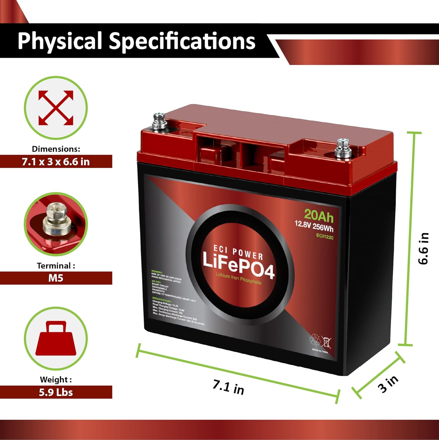 ECI Power 12V 20Ah Lithium LiFePO4 Deep Cycle Rechargeable Battery | 2000-5000 Life Cycles & 10-Year Lifetime | Built-in BMS | Perfect for RV, Solar, Marine, Overland, Off-Grid Applications