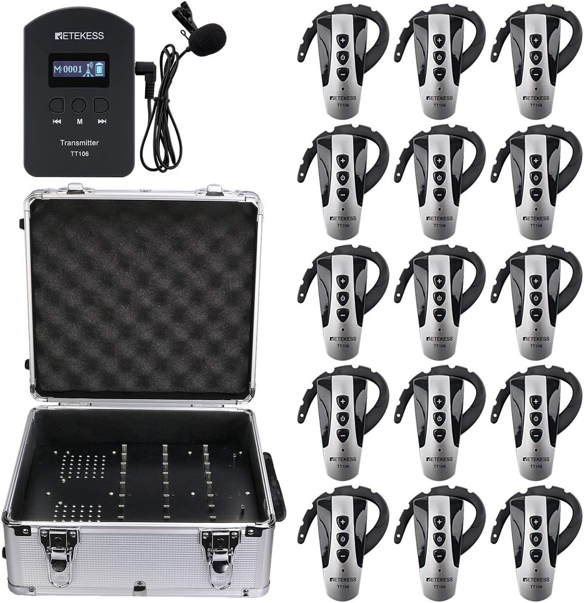 Case of 1 Transmitter and 15 Receivers 1 Charging Case,Retekess TT106,Wireless Tour Guide System,Church Translation System,Ear-Hook Mini Receivers,Training,Court,Government