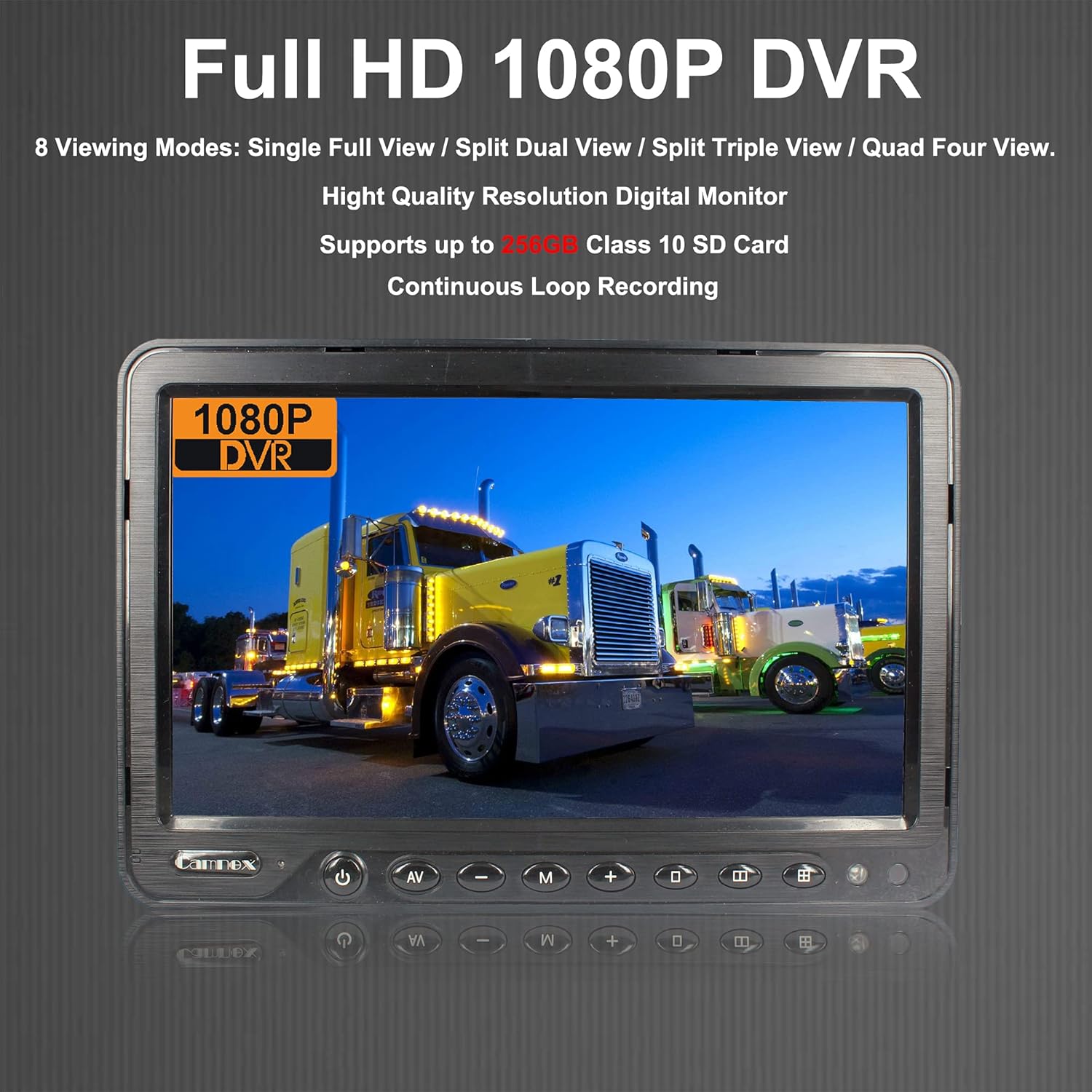 CAMNEX 9 inch Digital Monitor 1080P HD Backup Camera System, HD DVR Recorder, 4 Channel Input, Quad Split Screen, 4X 1080P Heavy Waterproof Backup Side View Camera for Truck Trailer RV Motorhome