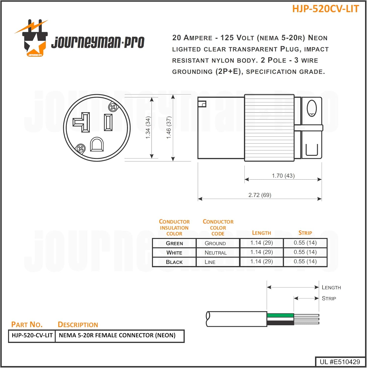 Journeyman-Pro 520CV-LIT Lighted 20 Amp 120-125 Volt, NEMA 5-20R, 2Pole 3Wire, Straight Blade, Female Plug Replacement Cord Connector Outlet, Commercial Grade PVC Power Indicating (BLACK LIT 10-PACK) Pack of 2