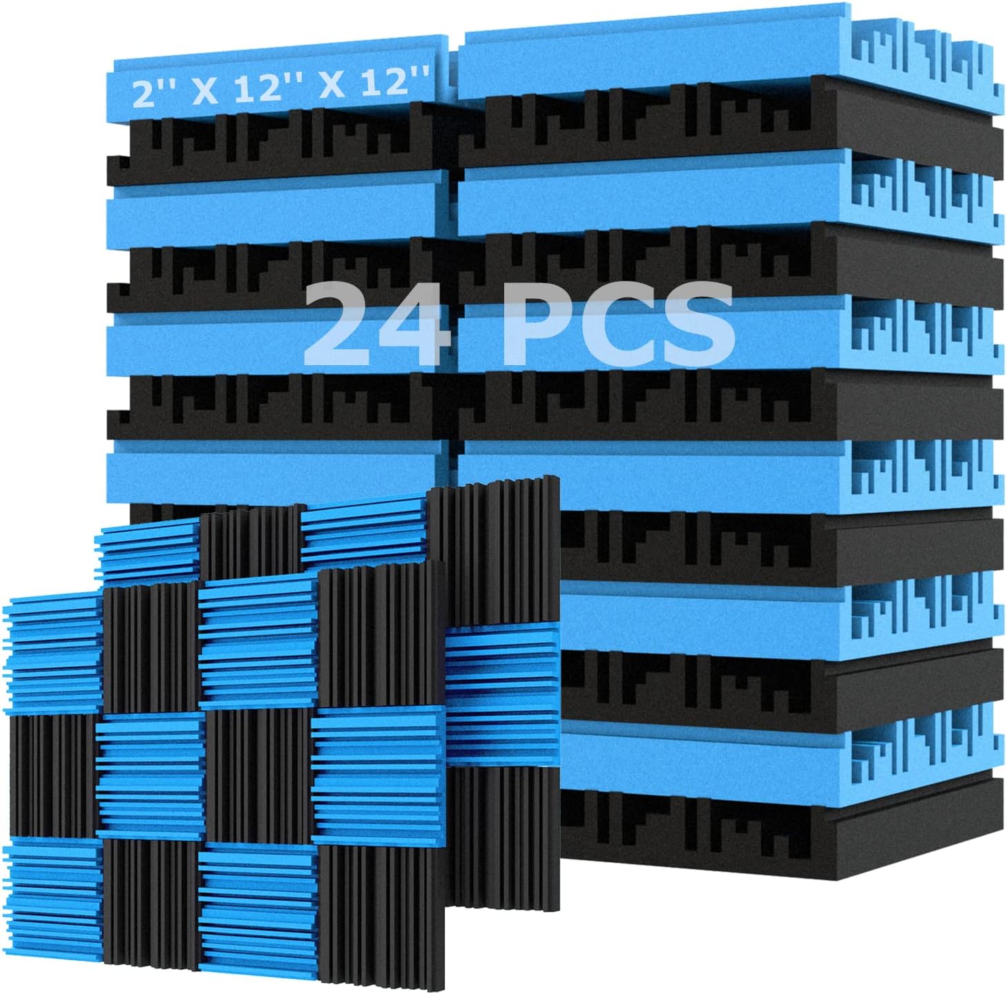 PUWEER Acoustic Panels 24 Pack 2 X 12 X 12 Acoustic Foam Panels Periodic Groove Black & Blue Pack of 2