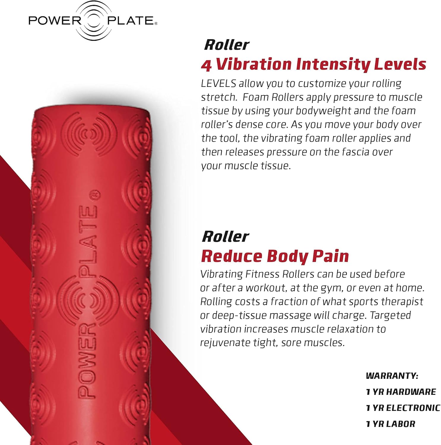 Power Plate Roller, Textured Vibrating Massage Roller, USB Rechargeable, 4 Hour Battery Life, Red