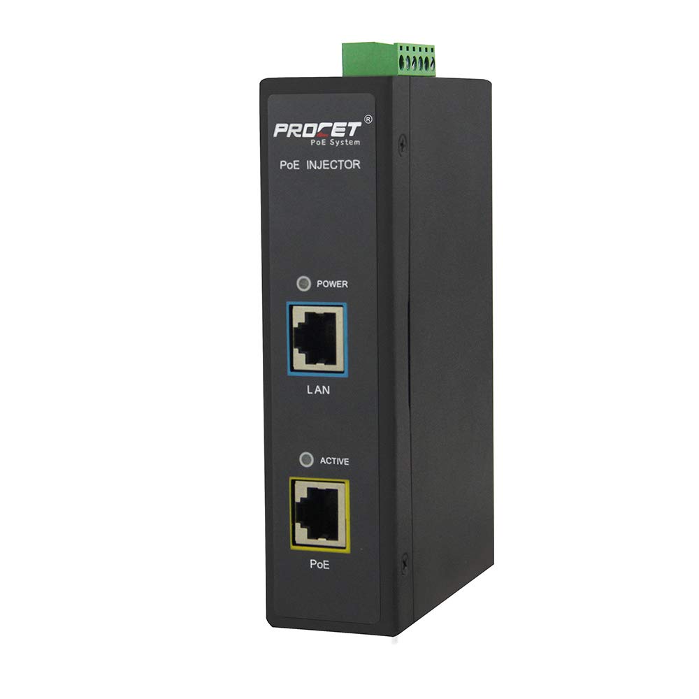 Procet Industrial Gigabit DIN Rail 12~55V DC Input High Power Over Ethernet PoE Injector Adapter 95W 55V with Wide Temperature and 6KV Surge Protection Metal case, IEEE802.3af,802.3at,PoE++