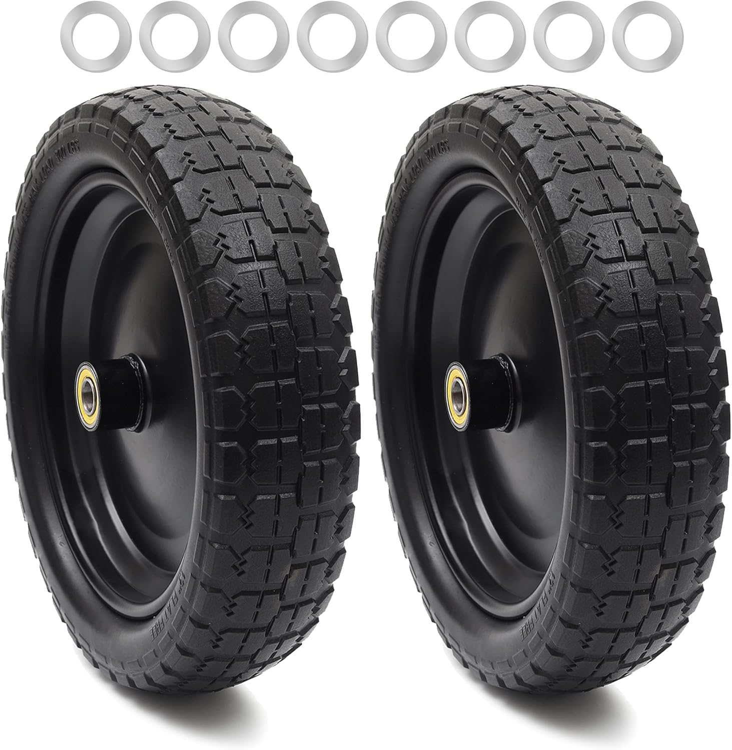 (2-Pack) 13‘’ Tire for Gorilla Cart - Solid Polyurethane Flat-Free Tire and Wheel Assemblies - 3.15” Wide Tires with 0.63” Axle Borehole and 2.1” Hub Pack of 2