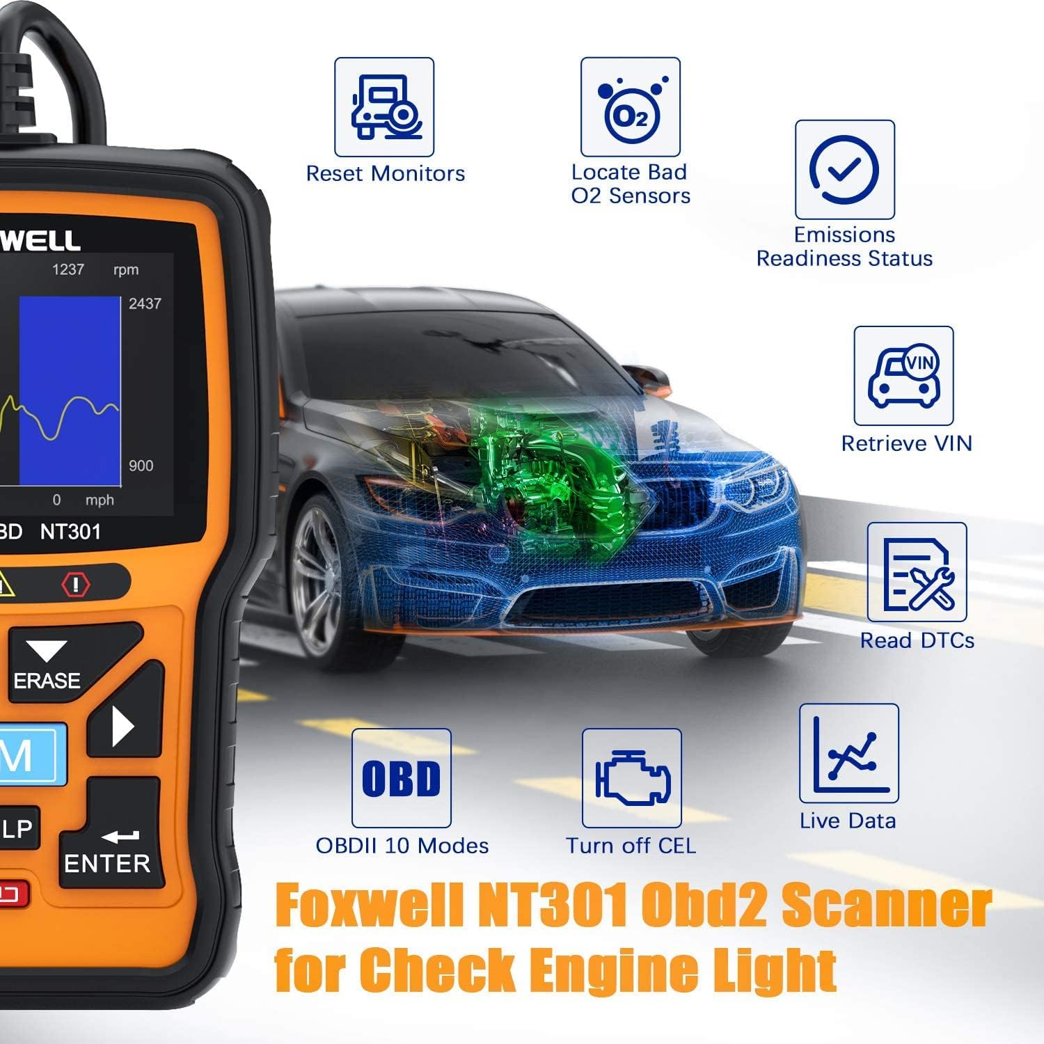 FOXWELL NT301 OBD2 Scanner Professional Mechanic OBDII Diagnostic Code Reader Tool for Check Engine Light Pack of 2