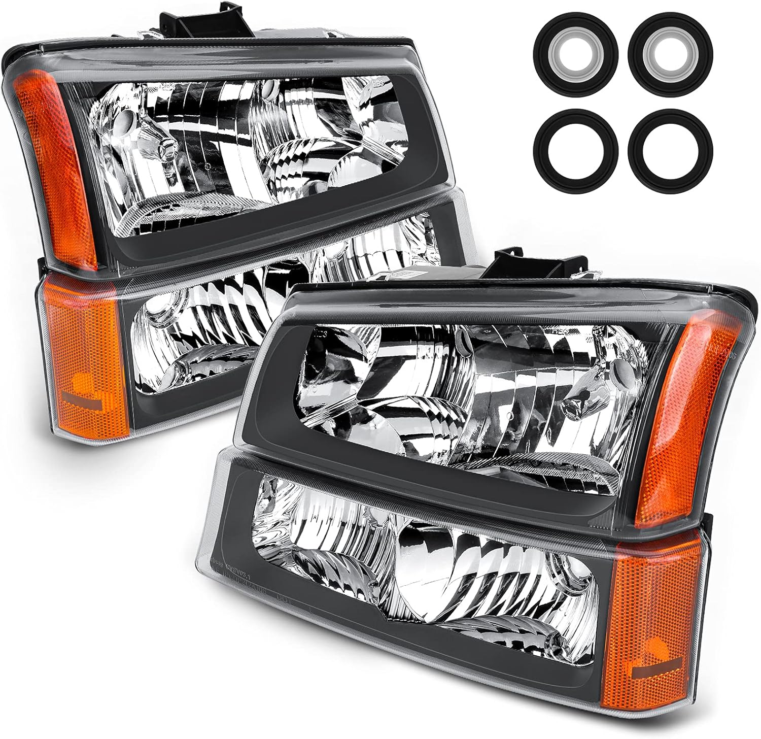 POLLY WALES Headlights Assembly Compatible with 2003-2006 Chevy Silverado - Black Housing Clear Lens Amber Reflector (with Ultra Bright Led DRL)
