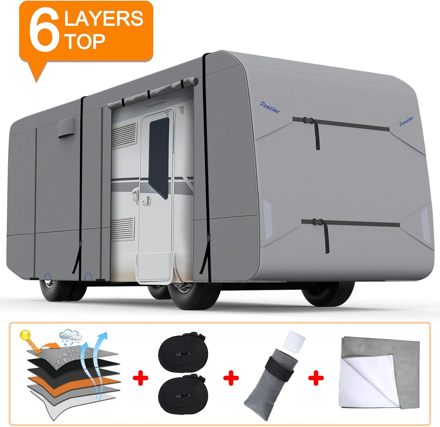 Fonzier Heavy Duty 6 Layers Top Class A RV Cover Anti-UV Camper Cover for 34’-38’ Motorhome Breathable Rip-Stop with 2Pcs Extra Straps & Gutter Spout Covers