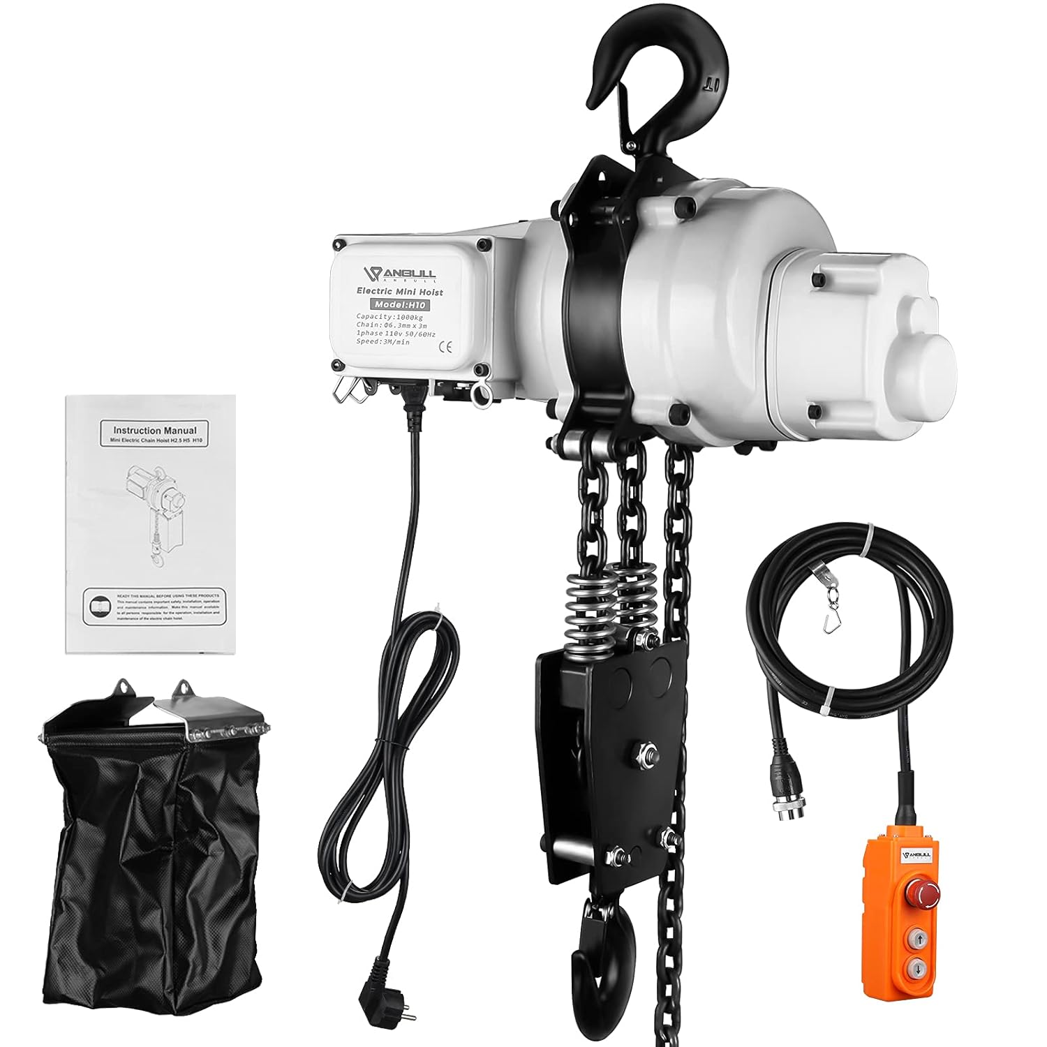 ANBULL 2200lbs FEC Chain Electric Lift Hoist Single Phase Overhead Crane Hoist, G100 Double Chain Hoist with Two 360° Rotatable Hook for Garage Ceiling.(1Ton, 110V,10ft Lift Height)