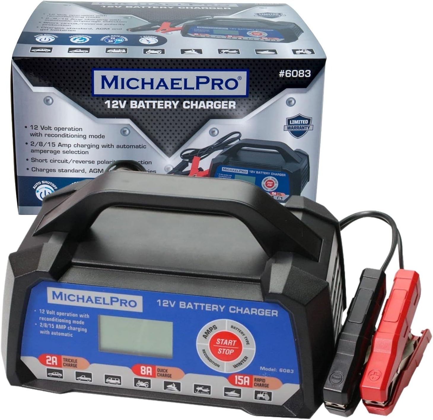 MichaelPro Automotive Smart Battery Charger - 12V 2/8/15A Automatic Trickle Quick Rapid Charging & Maintainer for Auto Car with Safety Protection and Winter Mode Pack of 2
