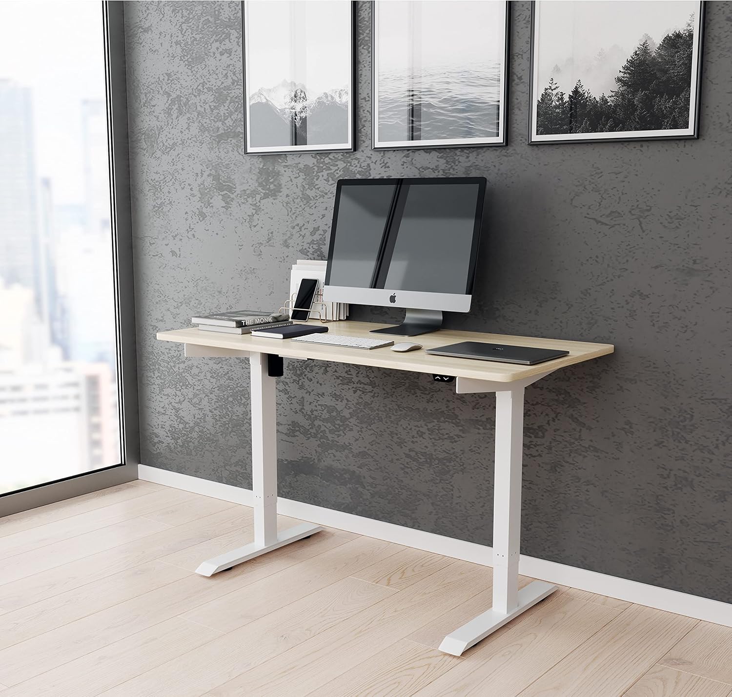 Techni Mobili Power Adjustable, Oak sit to Stand Desk, ONE Size