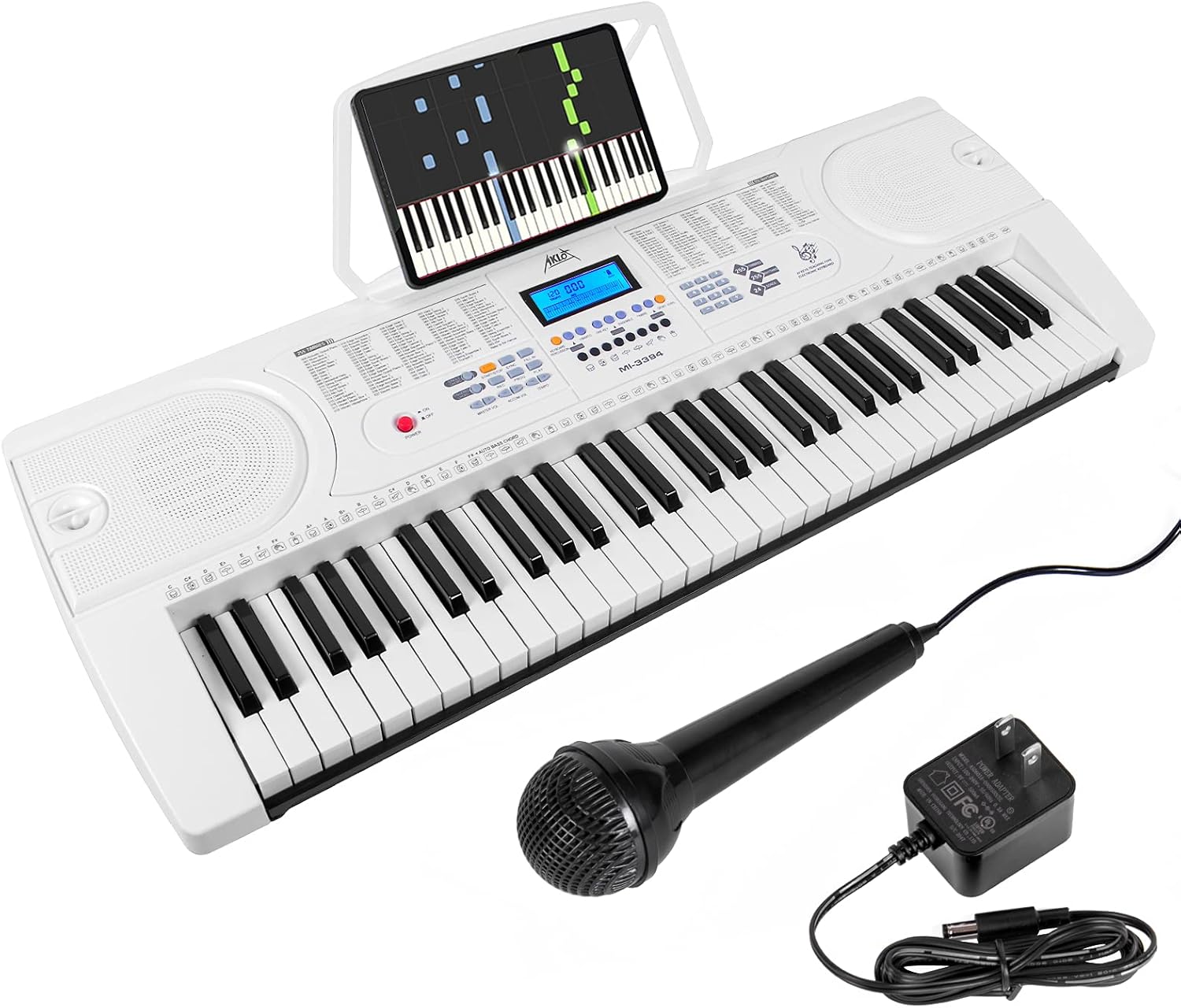 Piano Keyboard 61 Key, AKLOT Portable Small Electronic Piano Keyboards w/LCD Screen & Microphone Music Stand for Kids Beginners White