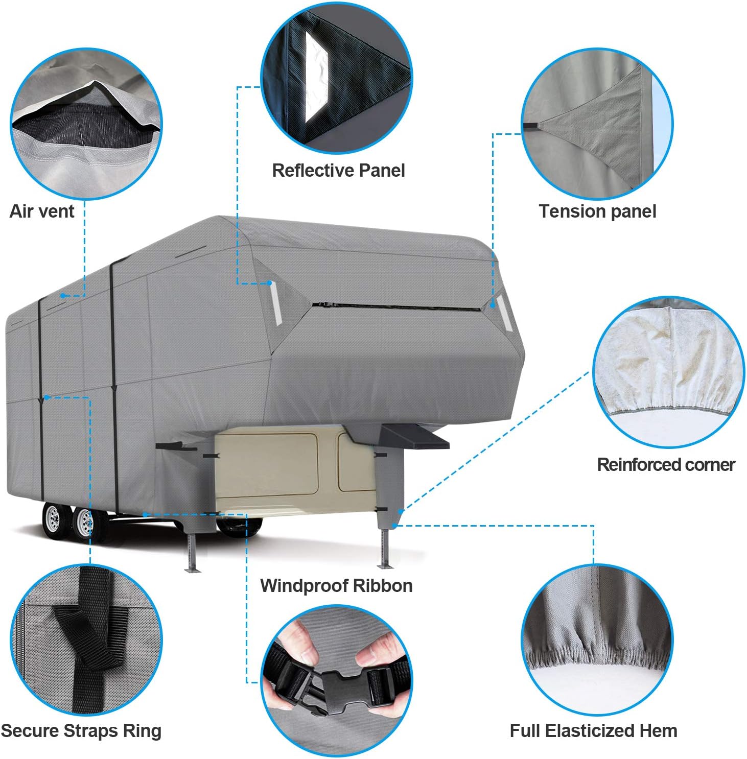 XGEAR Easy Setup 5th Wheel RV Cover Thick 3-Ply Top Panel - Ripstop Waterproof with a Pair of Assist Steel Pole (26'-29')