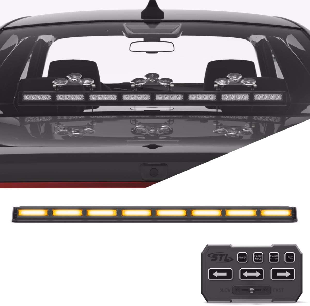 SpeedTech Lights Striker TIR 8 Head LED Traffic Advisor Windshield Mount Strobe Light Bar for Emergency Vehicles/Hazard Warning Directional Flashing w/Cig Plug/Control Box - Amber/Amber