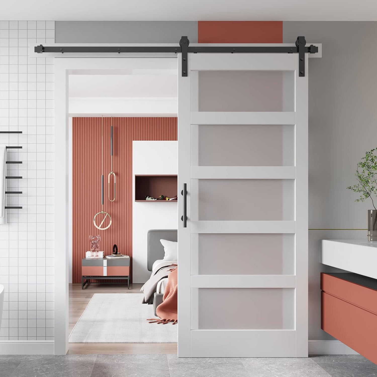 EaseLife 36in x 84in Glass Barn Door with 6.6FT Sliding Door Hardware Kit Included & Handle,Solid MDF Inside Covered with Water-Proof PVC Surface,5-Panel Glass,White