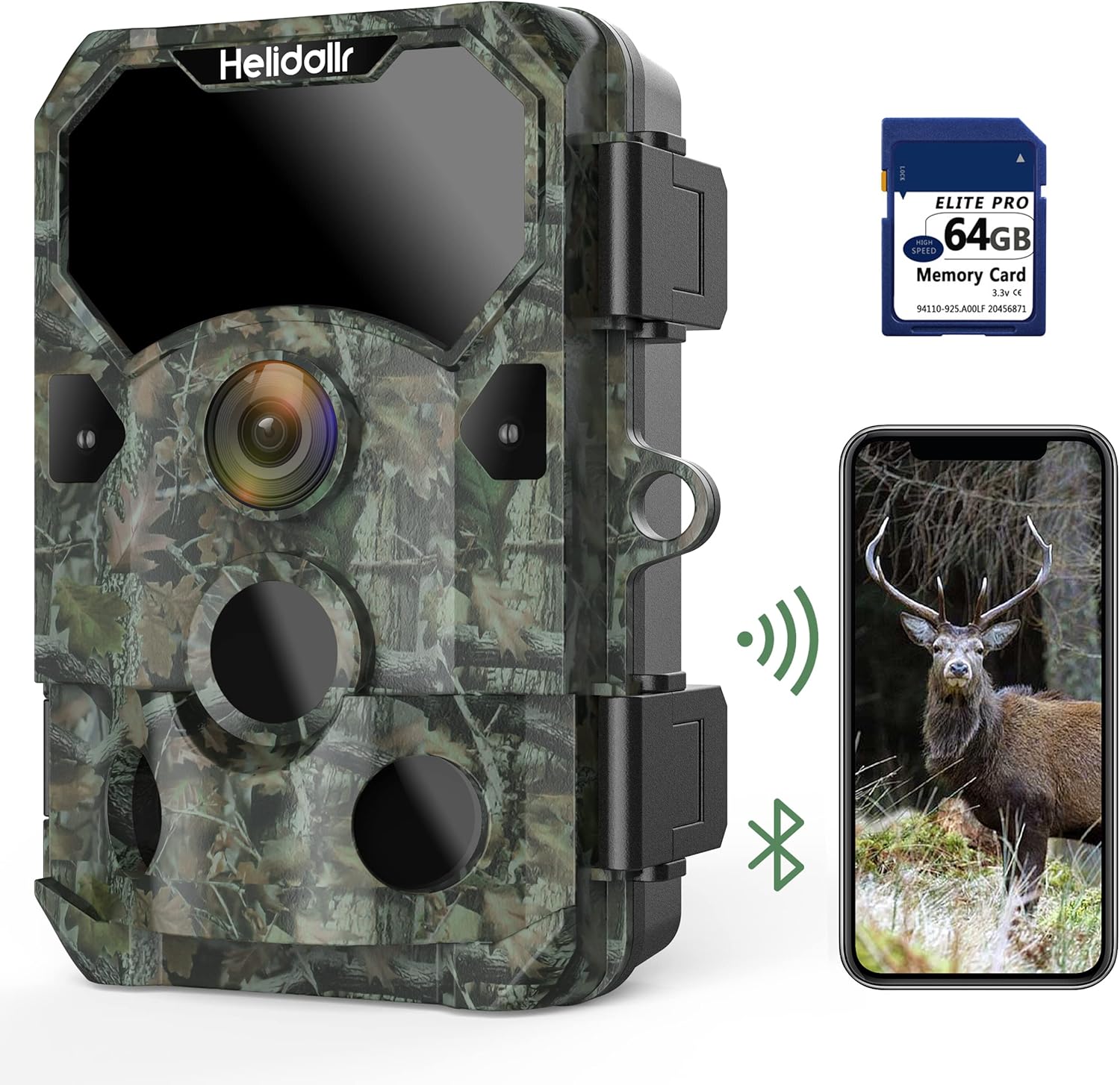 4K 30MP 30FPS Trail Camera Game Camera, Helidallr Wireless Wi-fi Bluetooth Trail Cam with 120° Angle Game Cam 0.1S Triggle Night Vision with 36pcs IR Lights 65ft IP66 Waterproof with 64GB Card