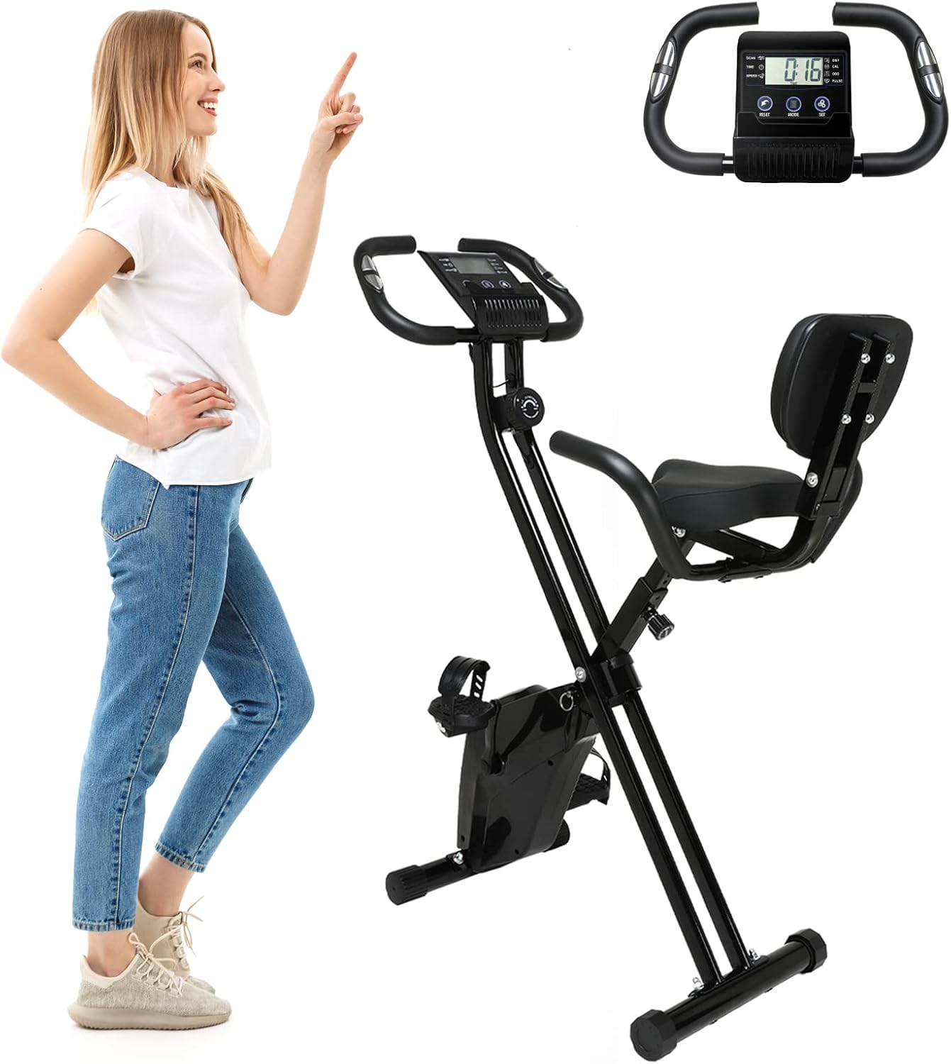 Stationary Bikes Folding Magnetic Upright Exercise Bikew/LCD Screen, Adjustable Comfortable Seat, for Home Office Useonary Bikes Folding Upright Exercise Bike, Magnetic Stationary Fitness Workout Bike, with 7 Levels Comfortable Seat & Touch Screen LC