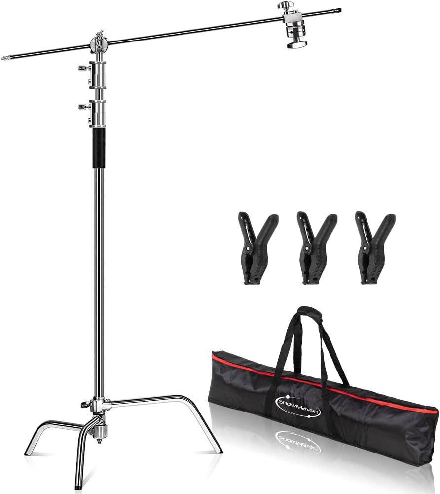 ShowMaven 10ft (Century) Light Stand C-Stand on Turtle Base with 4ft Extension Boom Arm & 2 Pieces Grip Head for Photography Studio Video Reflector, Monolight and Backdrops