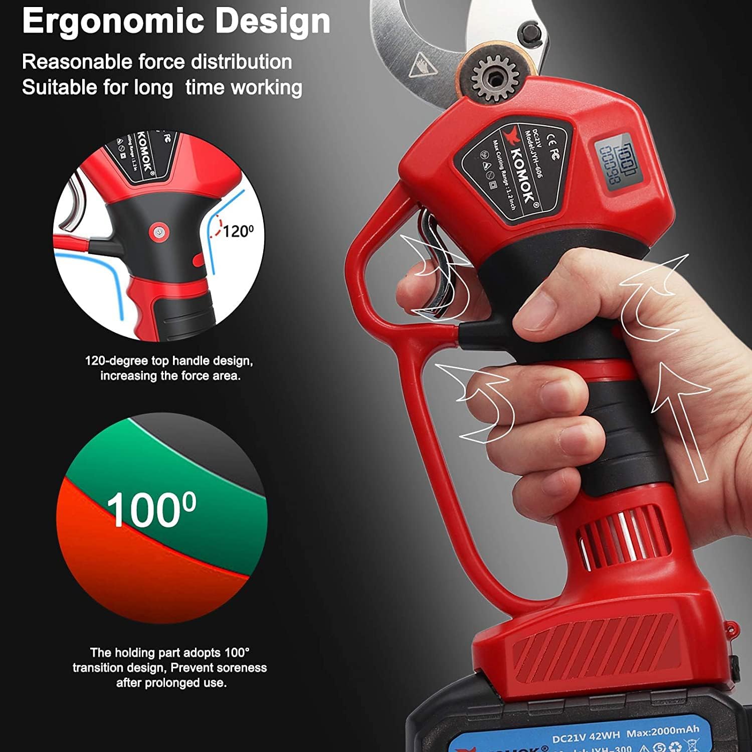 KOMOK Cordless Electric Pruning Shears, Smart Garden Orchard Tools 2PCS 2000mAh Battery Tree Branch Pruner with Handguard & LED Display, 30mm 1.2