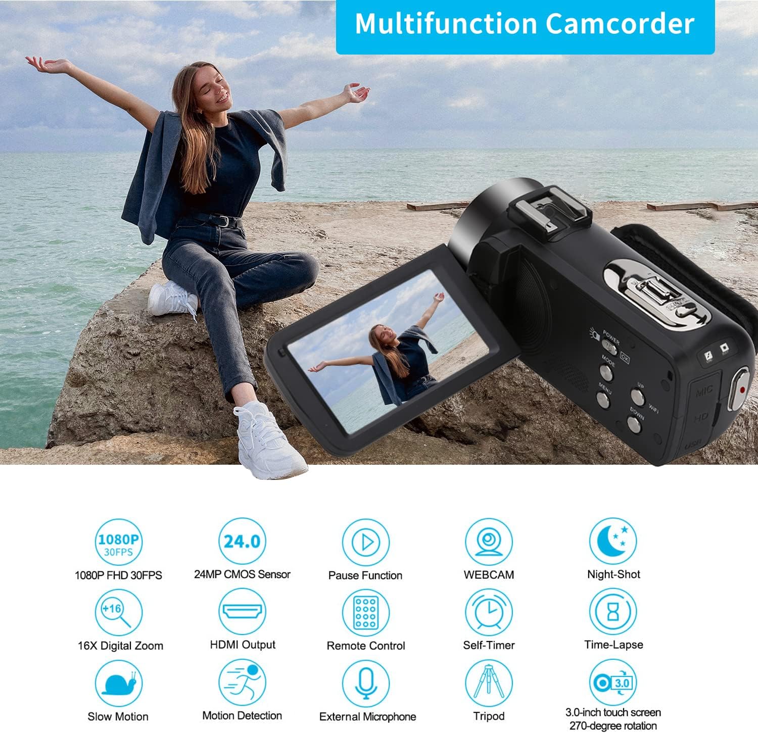 WIKICO Video Camera, FHD 1080P Camcorder Vlog Camera for YouTube, 16X Digital Zoom 3.0 Inch 270 Degree Rotation LCD Students Digital Camera for Beginners with Tripod and 2 Batteries Pack of 2
