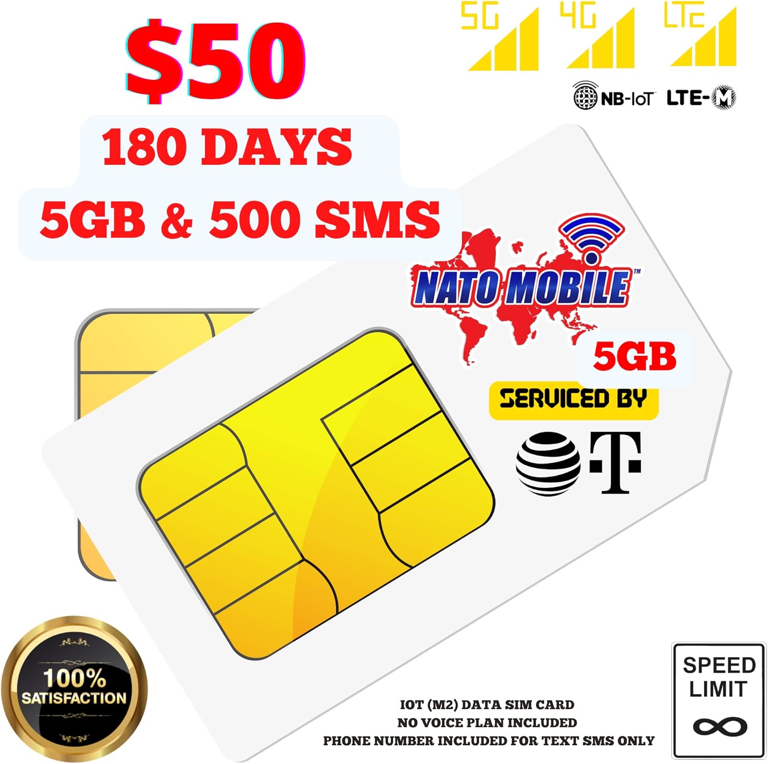 NATO Mobile Prepaid SIM Card | 5GB 180-Day 4G LTE - USA Compatible with AT&T and T-Mobile Networks for Unlocked IoT Device. 500 Text Service & Data Use Only. No Voice Call. Pack of 2