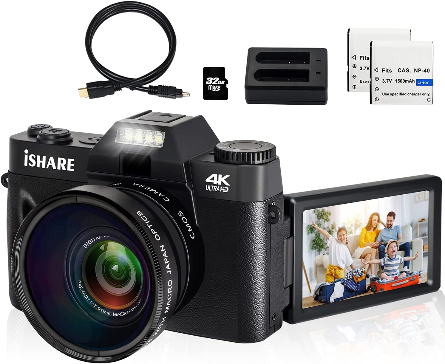 LUCKYCAM 4K Digital Camera WiFi Camera 48MP HD Camcorder with 3.0 inch 180DegFlip Screen Vlog Camera for YouTube with Wide-Angle Lens and 2 Batteries