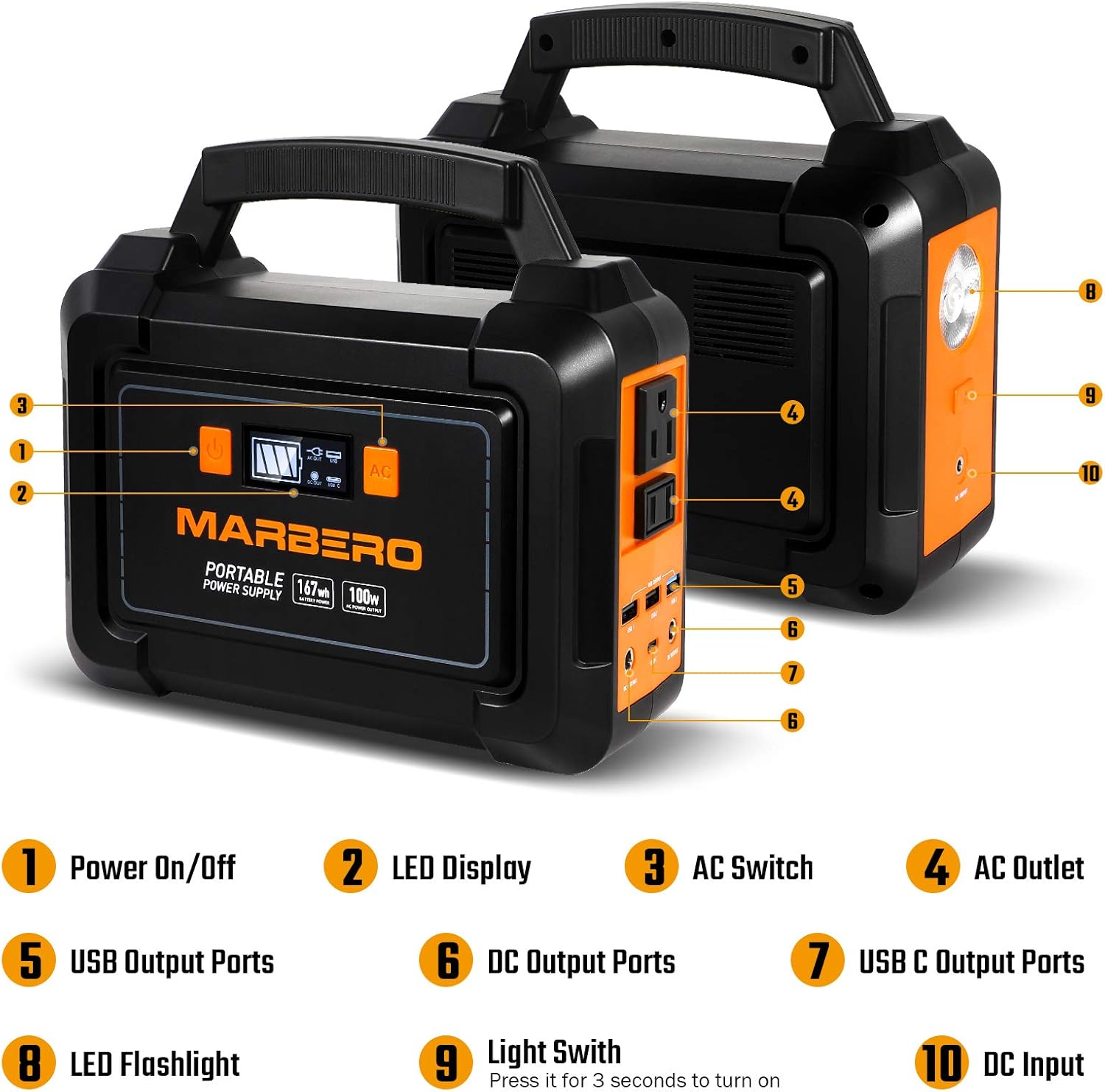 MARBERO 167Wh Portable Power Station, 45000mAh Solar Generators Lithium Battery Power Supply with 110V AC Outlet, 2 DC Ports, 4 USB Ports, LED Flashlights for CPAP Home Camping Emergency Backup