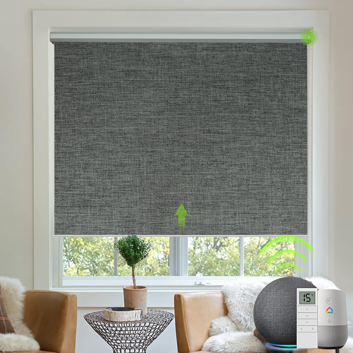 Yoolax Free-Stop Blackout Roller Shade Fabric Material Motorized Blind Cordless Remote Control Room Darkening Privacy Window Blind with Valance (Smoky Gray)