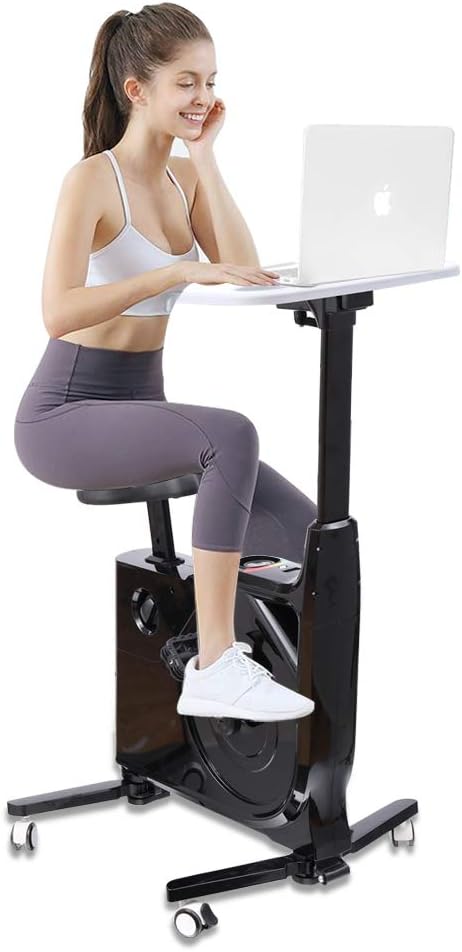 8-Level Magnetic Resistance Exercise Bike Desk, Office Desk Workstation W/ Adjustable Desk & Leather Seat, Exercise Bikes With Desk W/ Build-In LCD Monitor, Home Exerwork Bike Max 285 Lbs