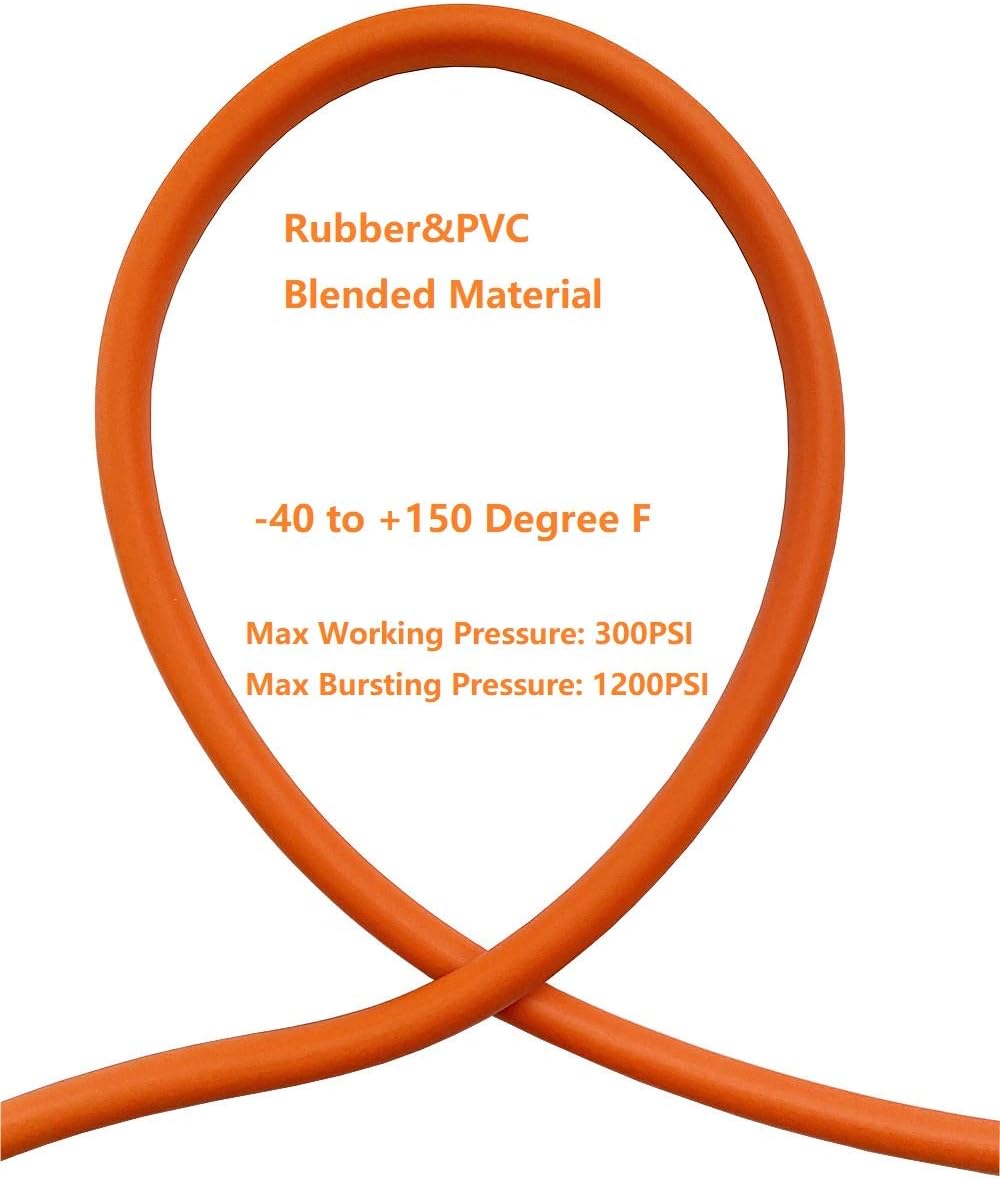 SANFU Hybrid PVC/Rubber 3/8”ID x 100ft, 300PSI Durable, Lightweight, Air Compressor Hose with 1/4” Industrial Brass Coupler and Plug, Bend Restrictors, Orange(100’) Pack of 2