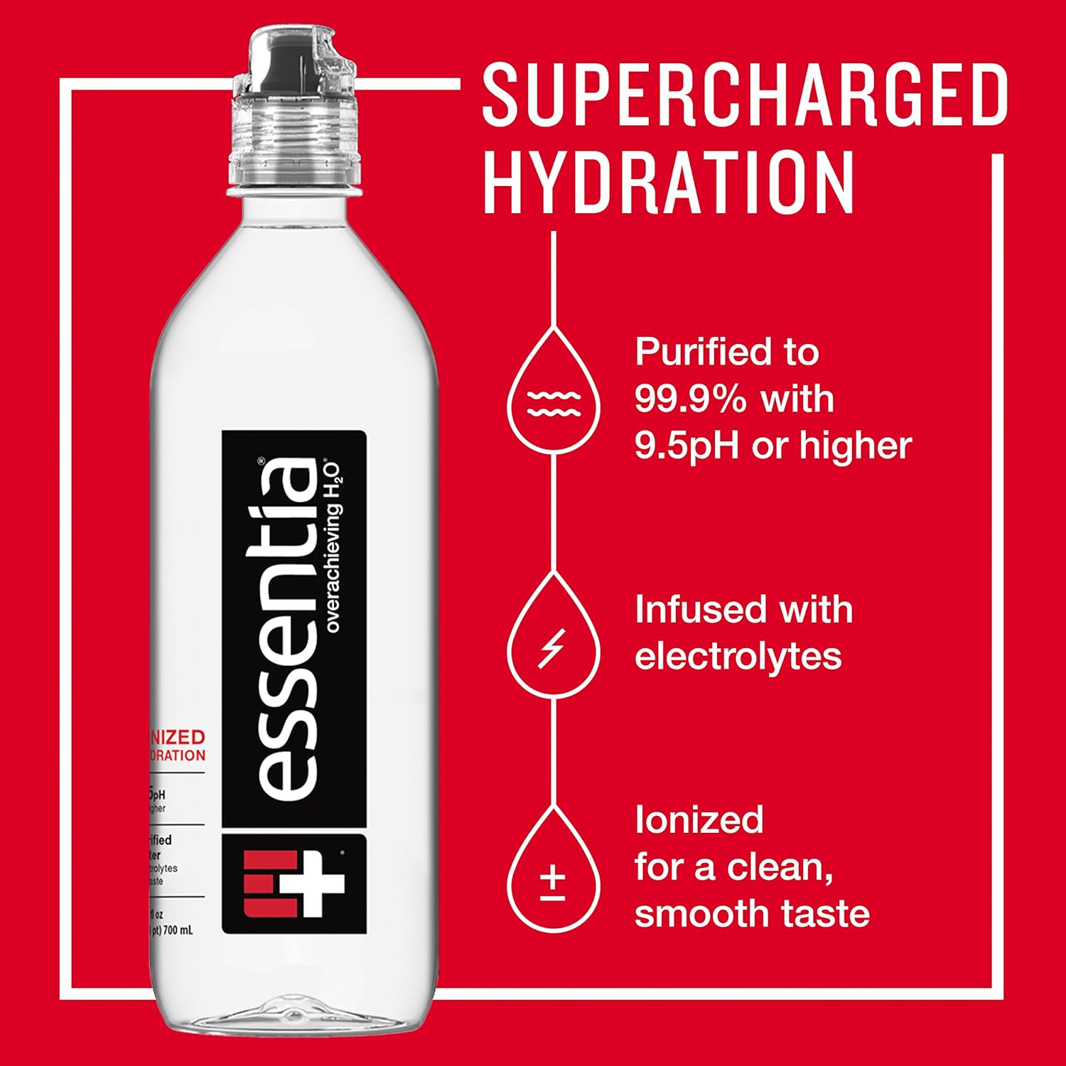 Essentia Bottled Water, 700 mL, 24-Pack, Ionized Alkaline Water; 99.9% Pure, Infused with Electrolytes, 9.5 pH or Higher with a Clean, Smooth Taste Pack of 2