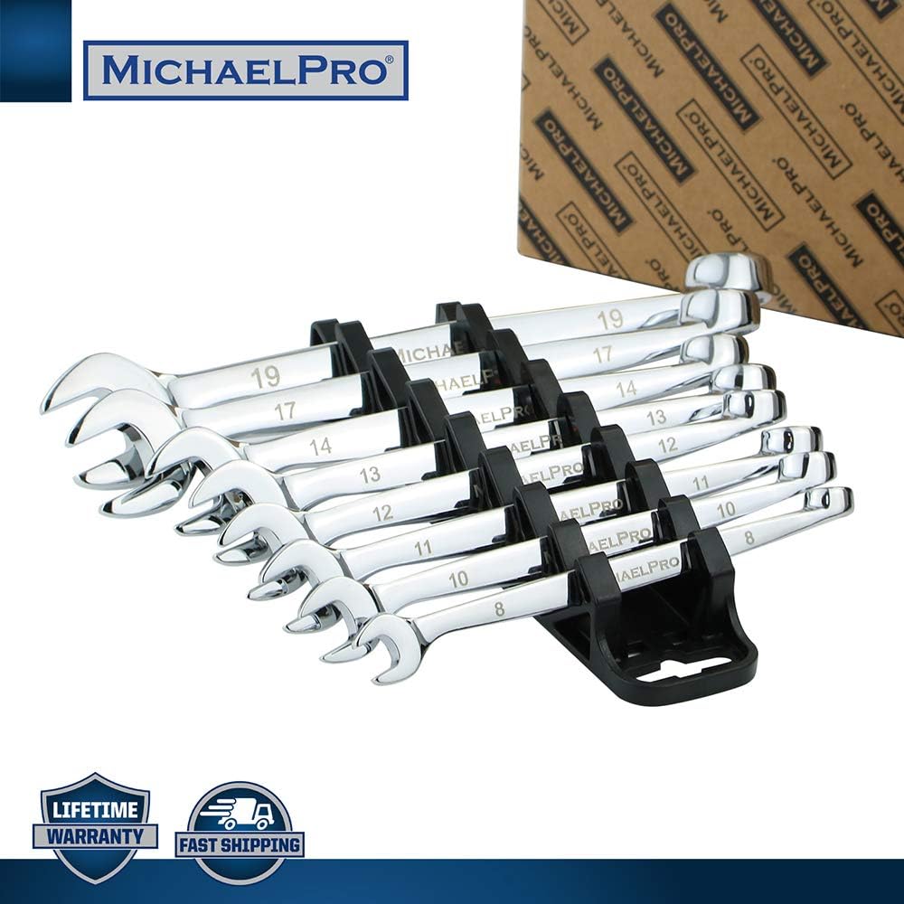 MichaelPro MP001015 8-piece Metric Combination Wrench Tool Set, Patented Spiral Grip Design Spanner Set, 15 Degree Offset Wrench Set at Open End, Metric Wrench Set for Mechanic Pack of 2