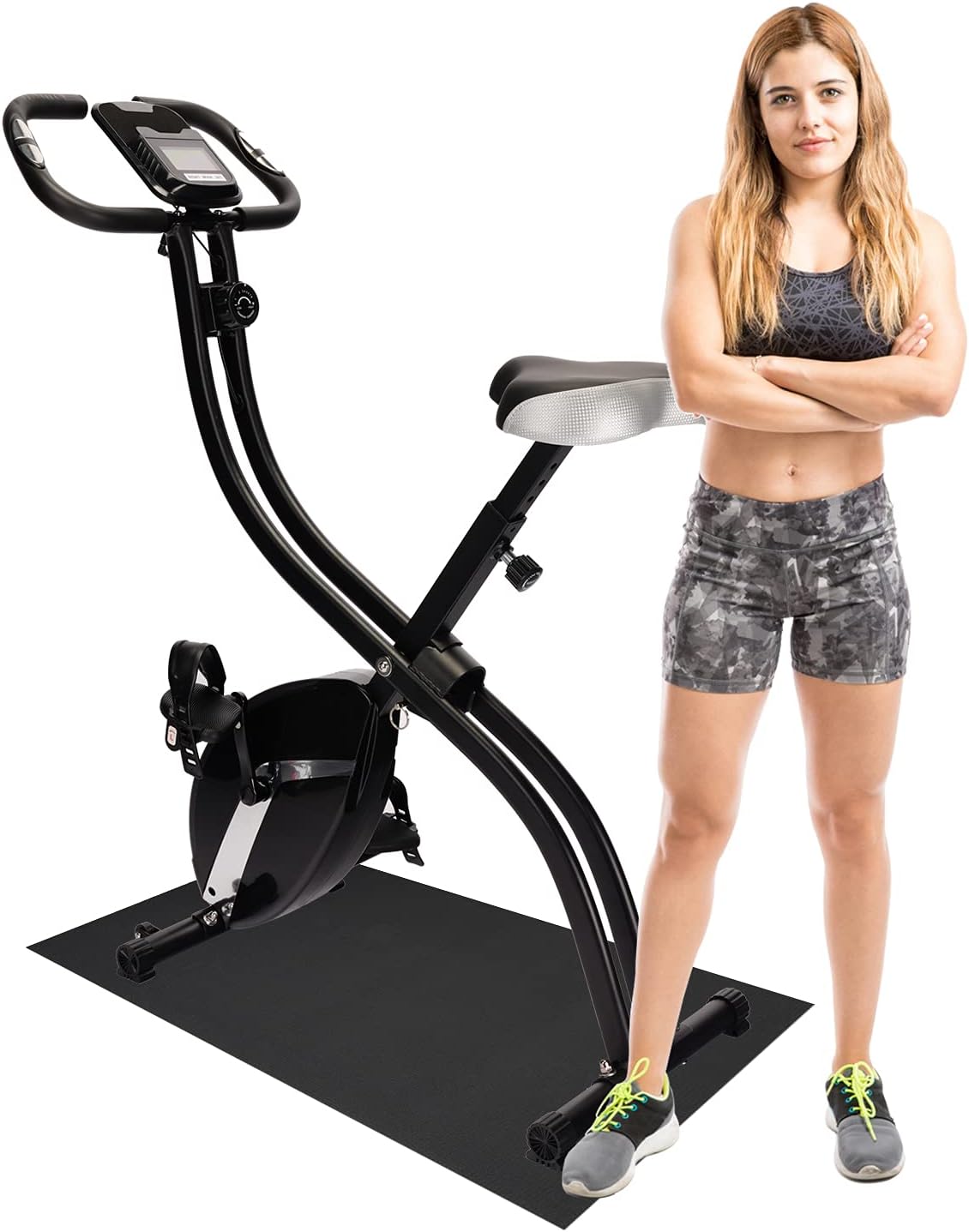 Obenater Folding Exercise Magnetic Bike Adjustable Height Comforable Seat with Pulse Sensor/LCD Monitor, Perfect for Home Use