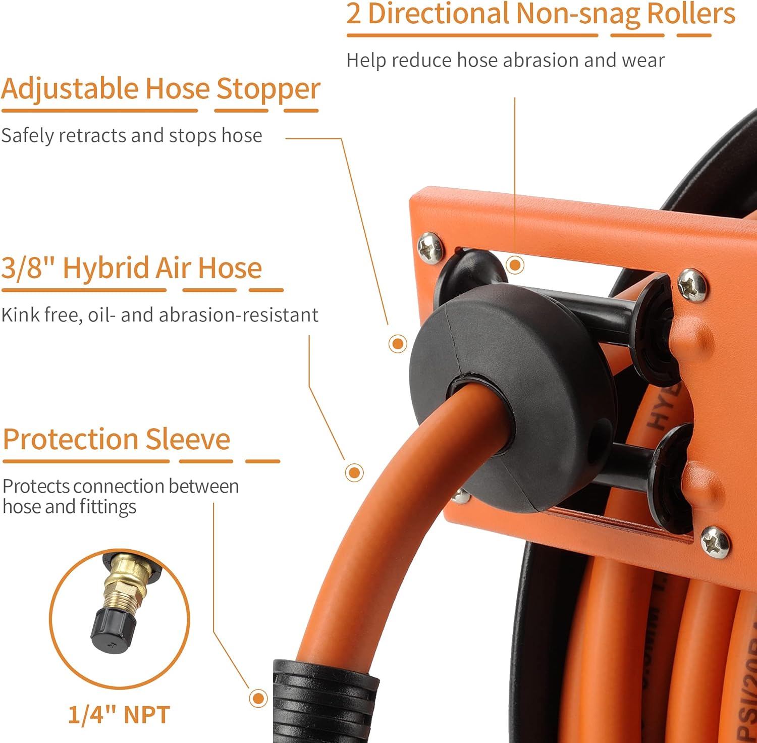 Giraffe Retractable Air Hose Reel Wall Mount with 3/8 in. x 25 FT Hybrid Hose, Pneumatic Heavy Duty Steel Reel Auto Rewind 300PSI Pack of 2