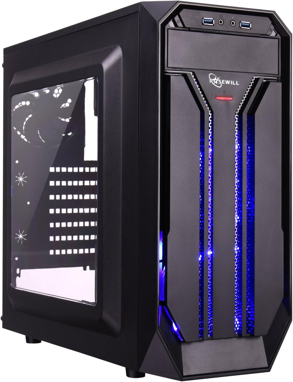 ROSEWILL ATX Mid Tower Gaming Computer Case, Gaming Case with Blue LED for Desktop / PC and 3 Case Fans Pre-Installed, Front I/O Access Ports (CHALLENGER S)