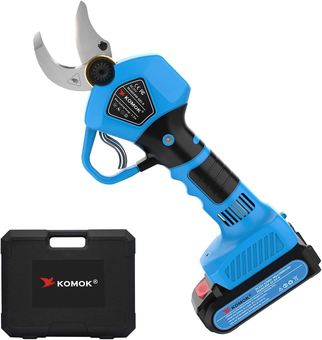 KOMOK Professional Cordless Electric Pruning Shears, 2PCS Backup Rechargeable 2Ah Lithium Battery Powered Tree Branch Pruner, 30MM (1.2 Inch) Cutting Diameter, 6-8 Working Hours